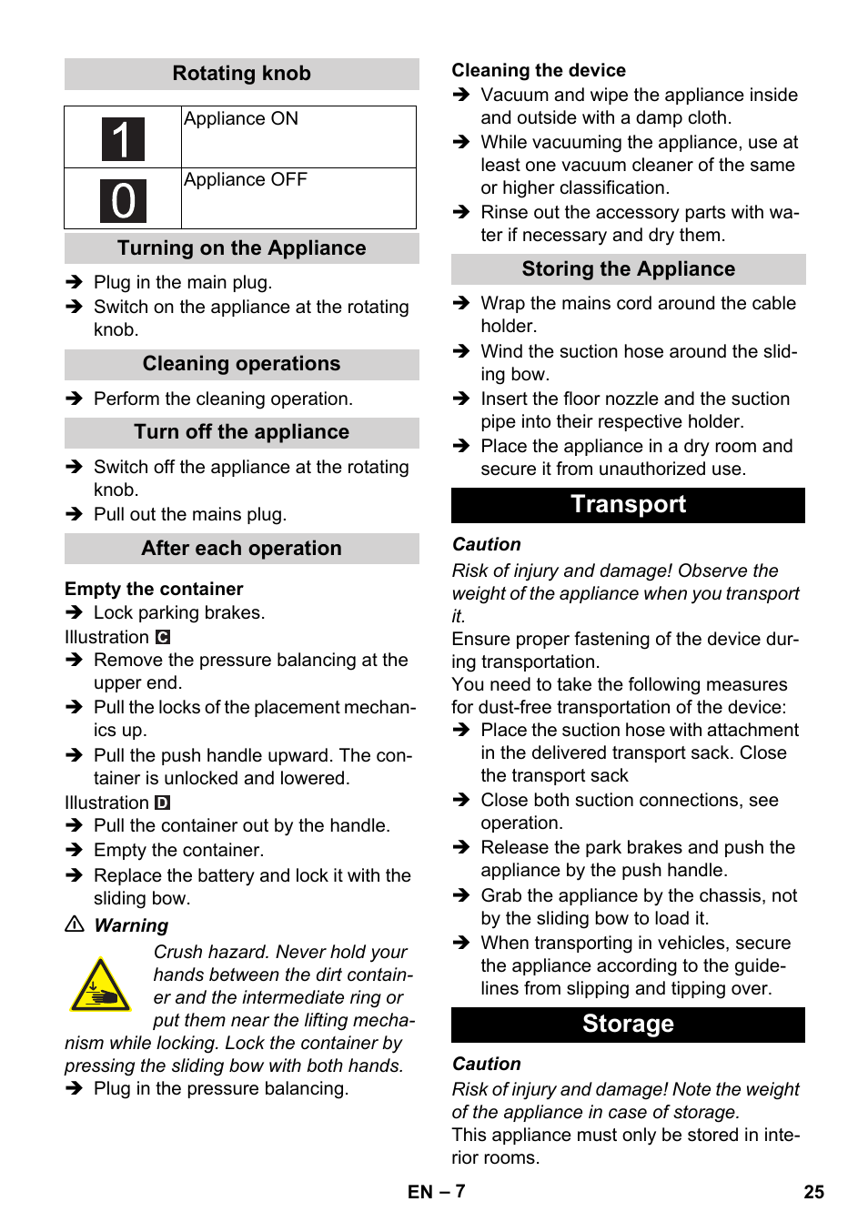 Transport storage | Karcher IVC 60-12-1 Ec H Z22 User Manual | Page 25 / 372