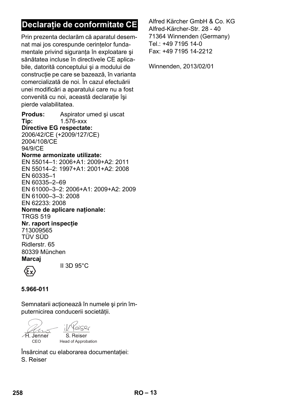 Declaraţie de conformitate ce | Karcher IVC 60-12-1 Ec H Z22 User Manual | Page 258 / 372