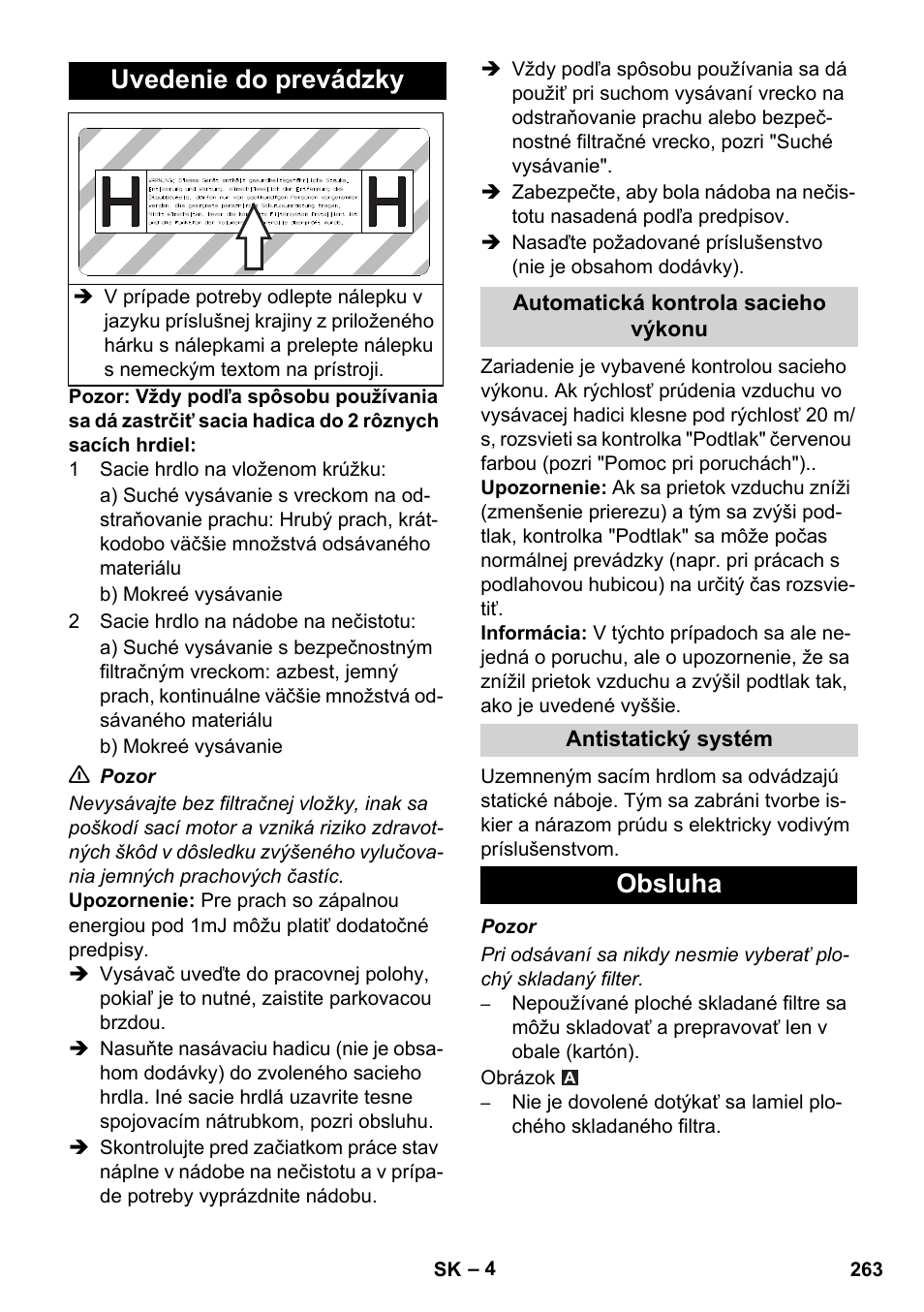 Uvedenie do prevádzky, Obsluha | Karcher IVC 60-12-1 Ec H Z22 User Manual | Page 263 / 372