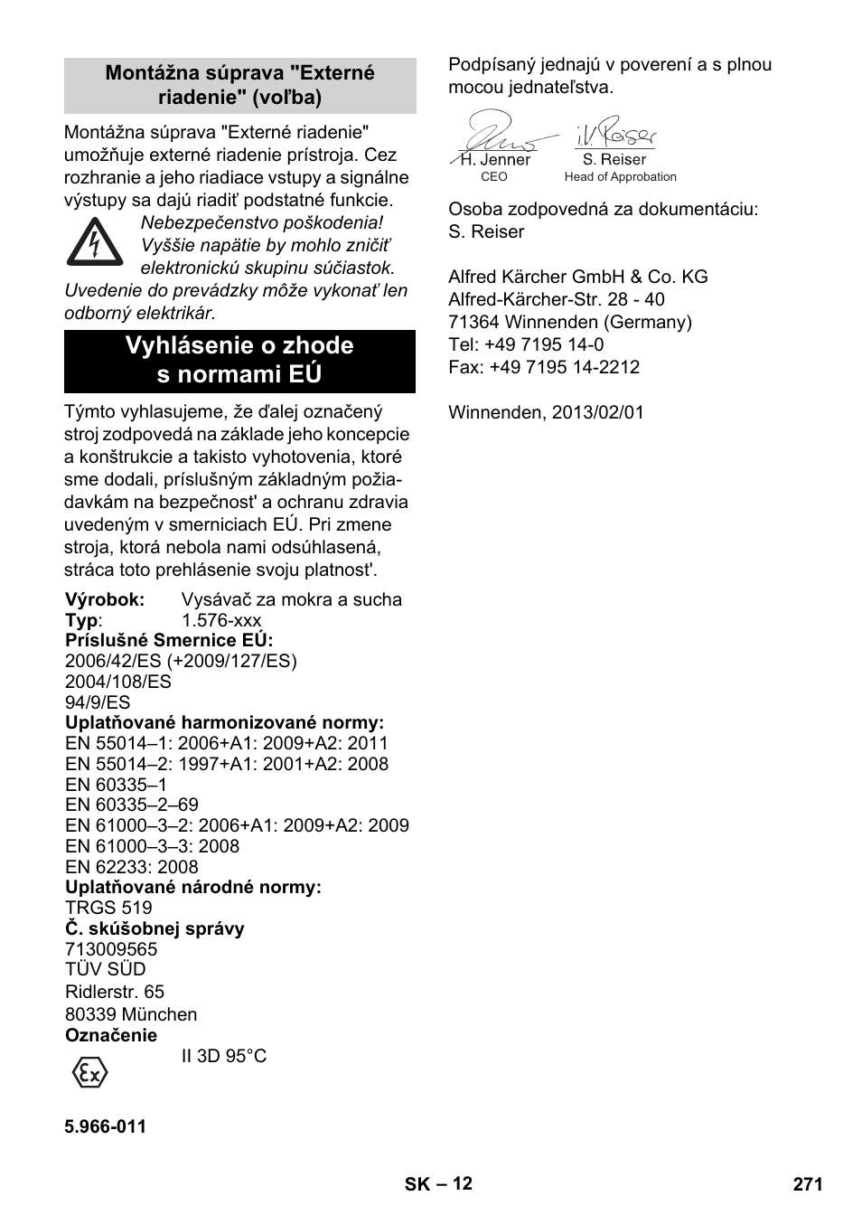 Vyhlásenie o zhode s normami eú | Karcher IVC 60-12-1 Ec H Z22 User Manual | Page 271 / 372
