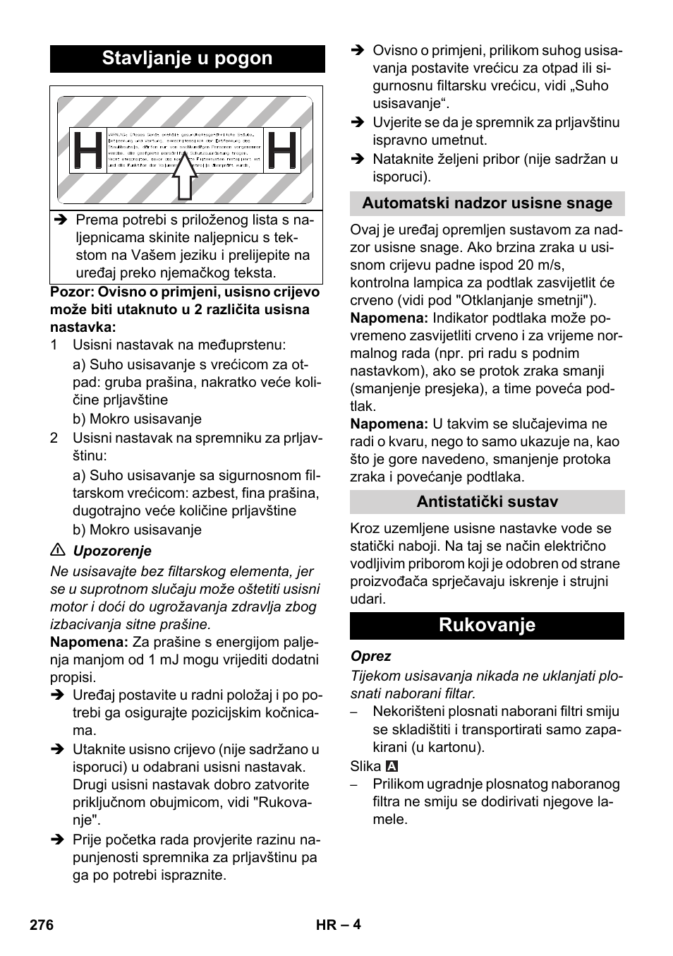 Stavljanje u pogon, Rukovanje | Karcher IVC 60-12-1 Ec H Z22 User Manual | Page 276 / 372