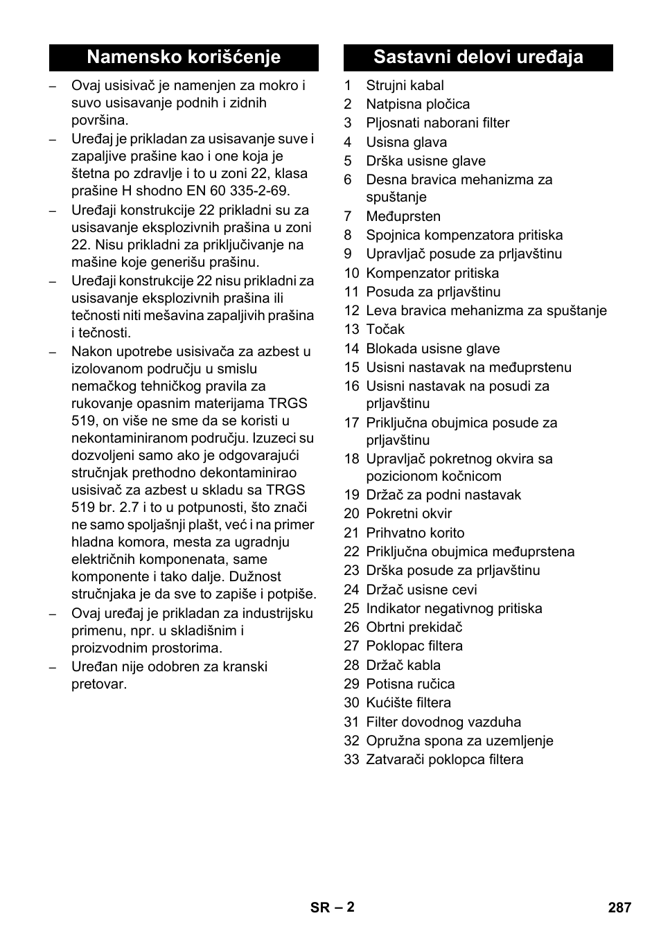 Namensko korišćenje sastavni delovi uređaja | Karcher IVC 60-12-1 Ec H Z22 User Manual | Page 287 / 372