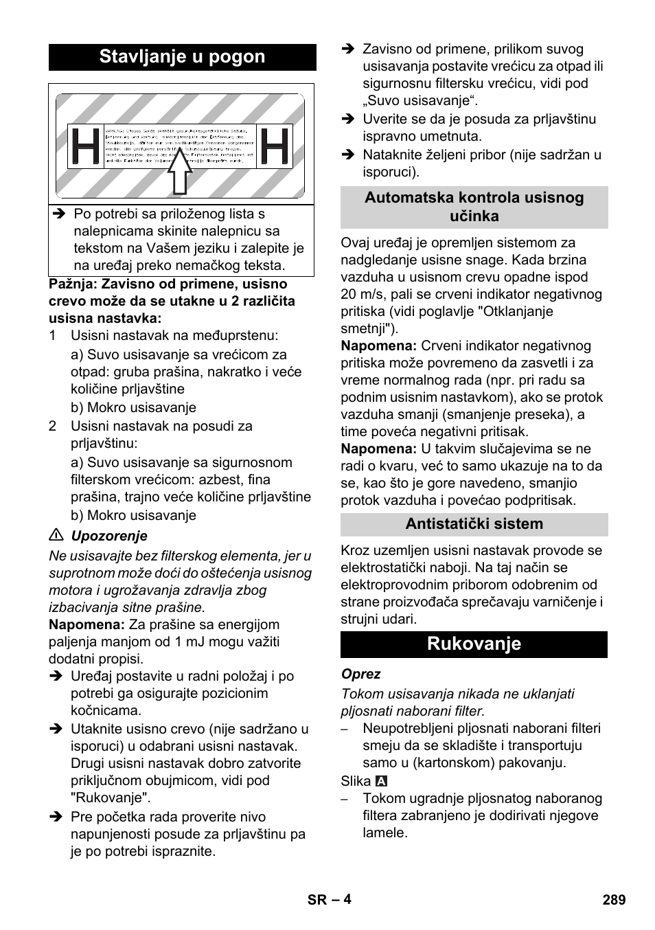 Stavljanje u pogon, Rukovanje | Karcher IVC 60-12-1 Ec H Z22 User Manual | Page 289 / 372