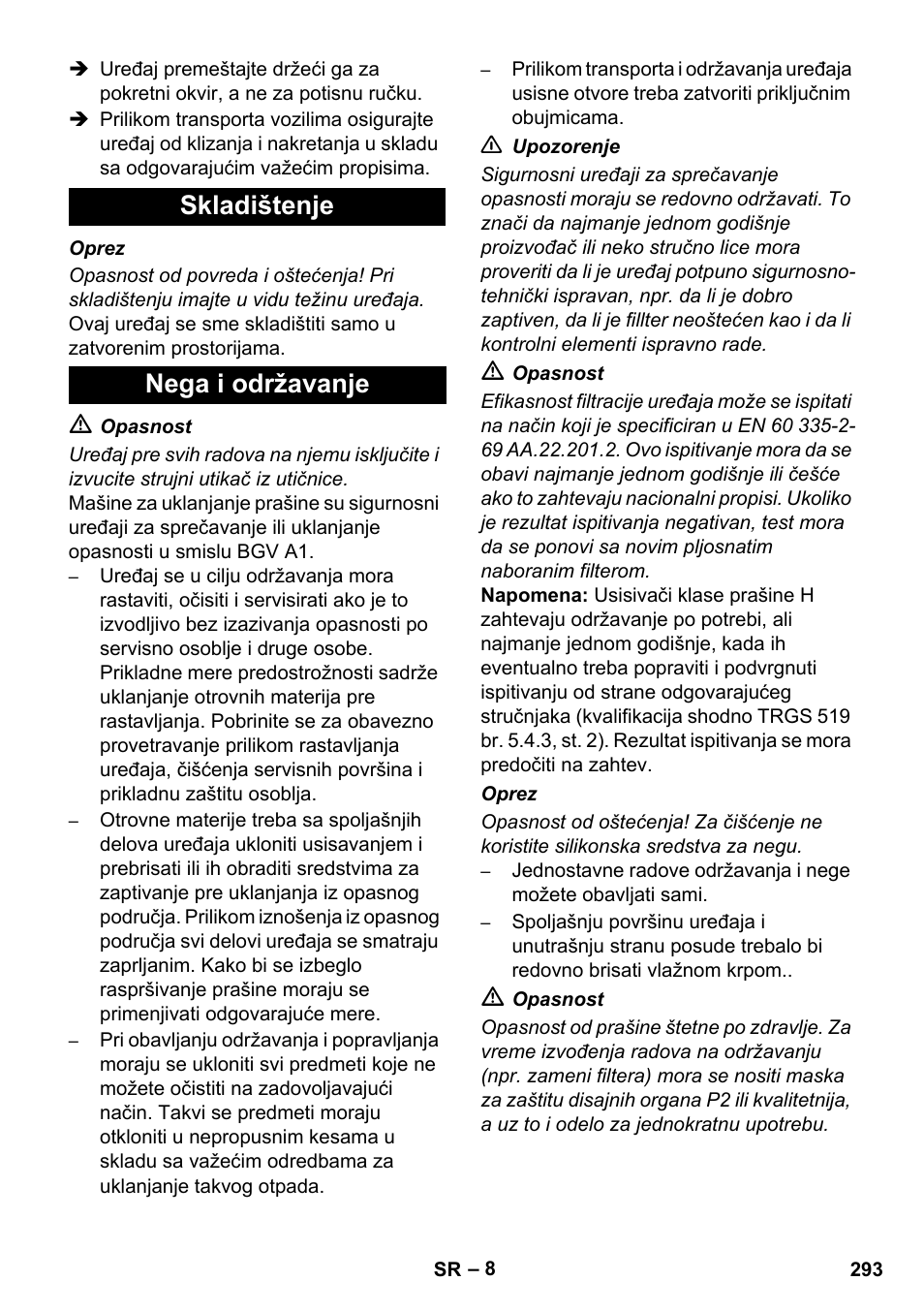 Skladištenje nega i održavanje | Karcher IVC 60-12-1 Ec H Z22 User Manual | Page 293 / 372