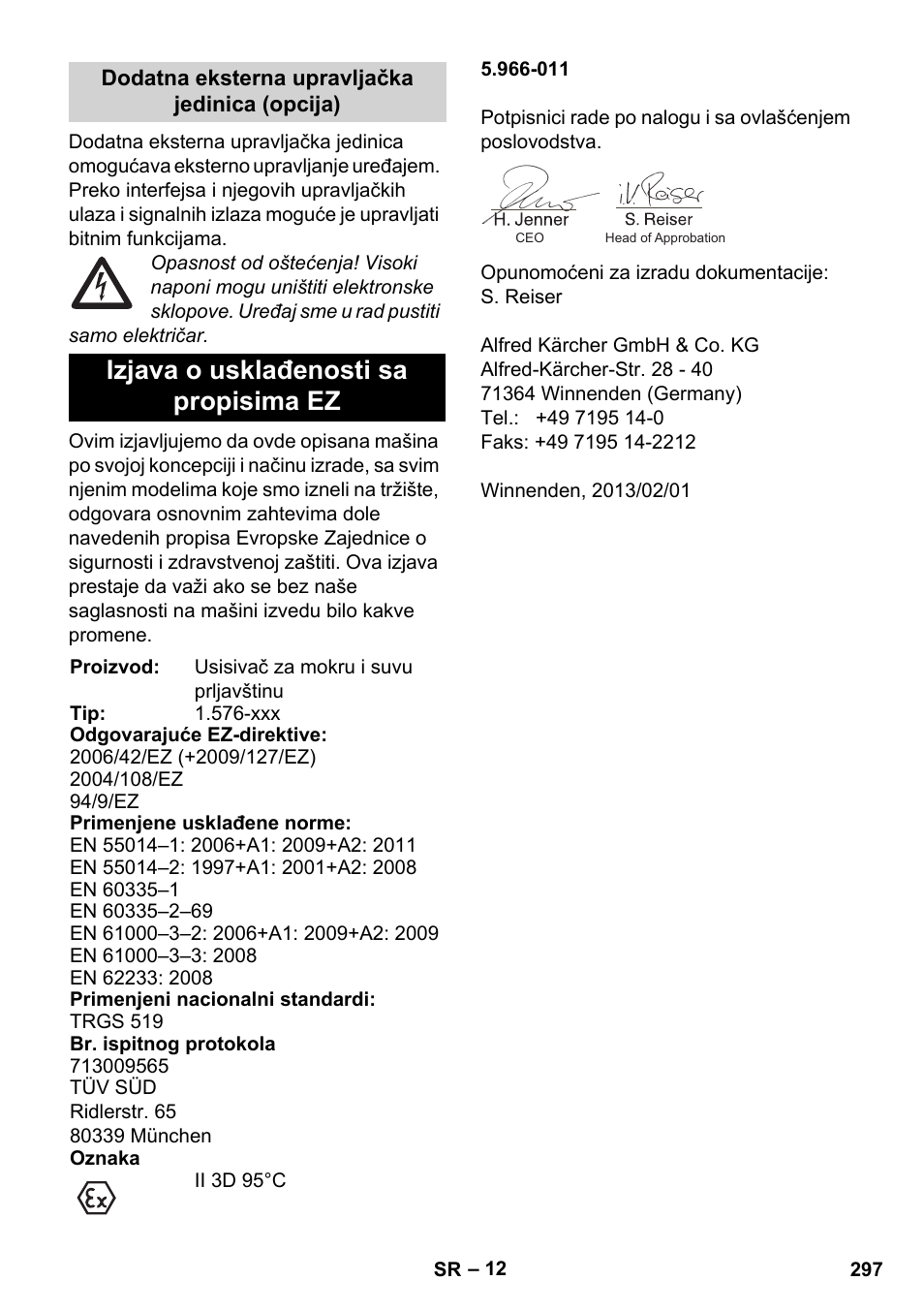 Izjava o usklađenosti sa propisima ez | Karcher IVC 60-12-1 Ec H Z22 User Manual | Page 297 / 372