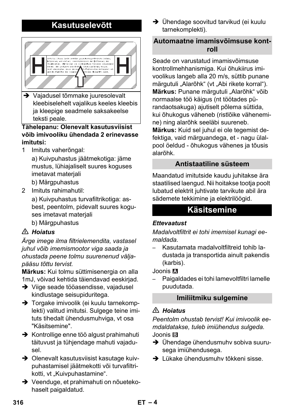 Kasutuselevõtt, Käsitsemine | Karcher IVC 60-12-1 Ec H Z22 User Manual | Page 316 / 372