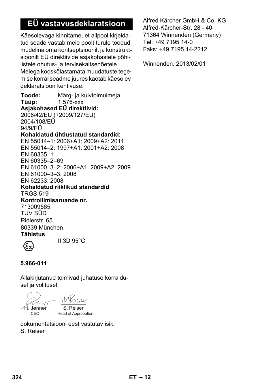 Eü vastavusdeklaratsioon | Karcher IVC 60-12-1 Ec H Z22 User Manual | Page 324 / 372