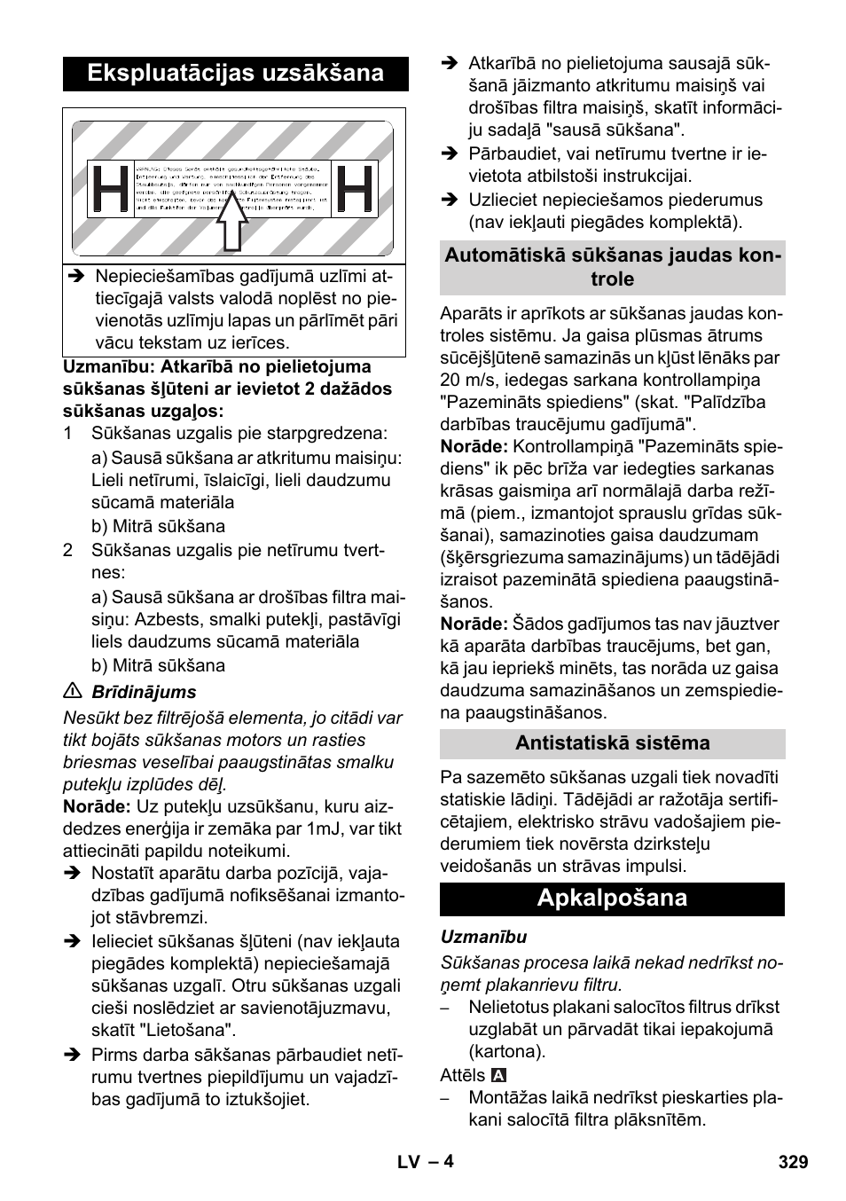 Ekspluatācijas uzsākšana, Apkalpošana | Karcher IVC 60-12-1 Ec H Z22 User Manual | Page 329 / 372