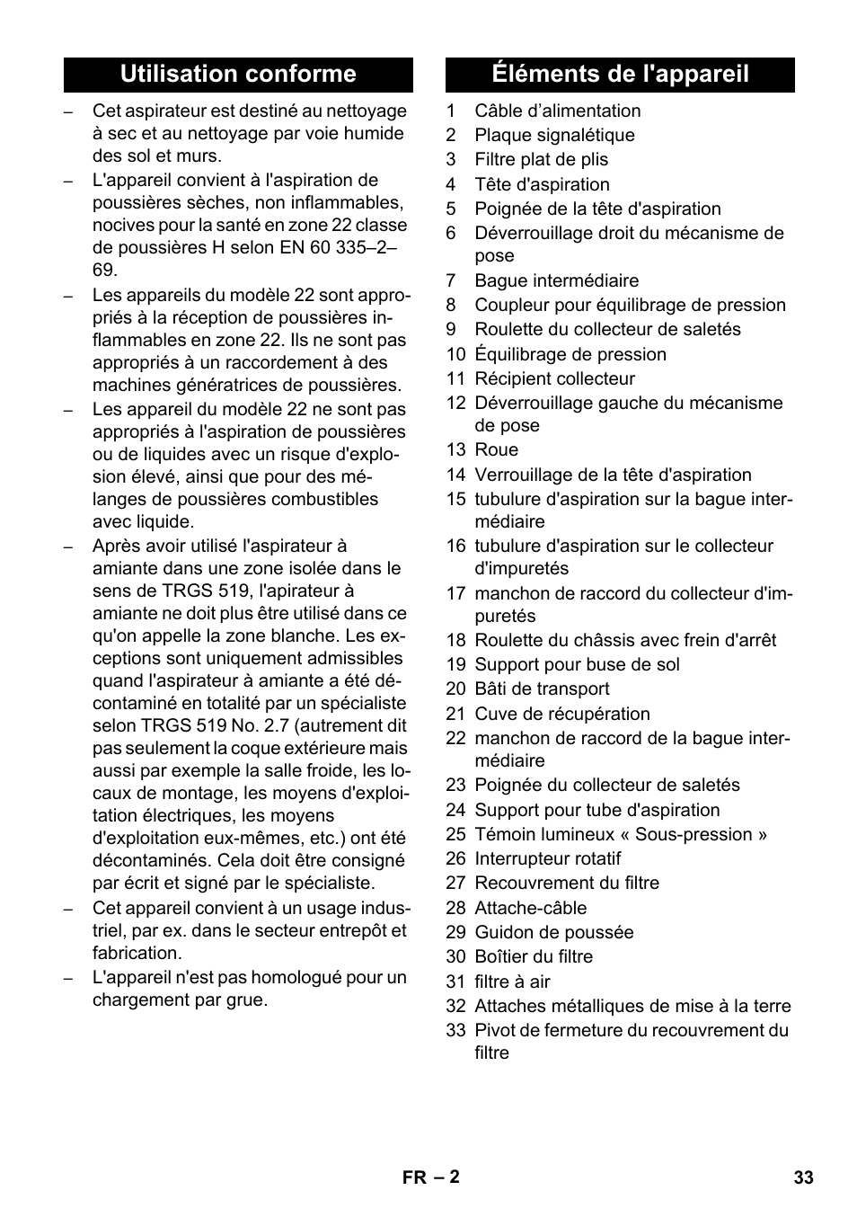 Utilisation conforme éléments de l'appareil | Karcher IVC 60-12-1 Ec H Z22 User Manual | Page 33 / 372