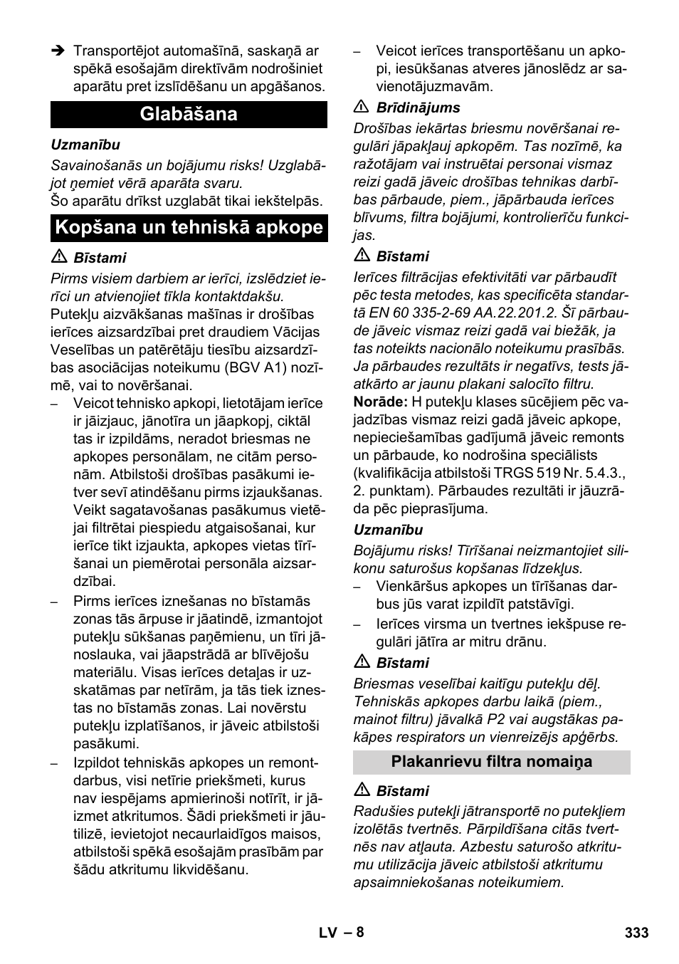 Glabāšana kopšana un tehniskā apkope | Karcher IVC 60-12-1 Ec H Z22 User Manual | Page 333 / 372