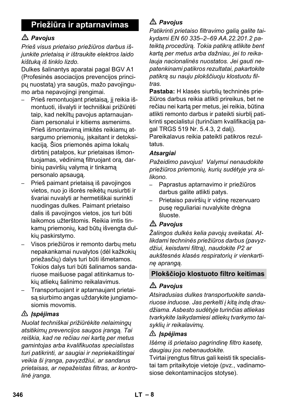 Priežiūra ir aptarnavimas | Karcher IVC 60-12-1 Ec H Z22 User Manual | Page 346 / 372
