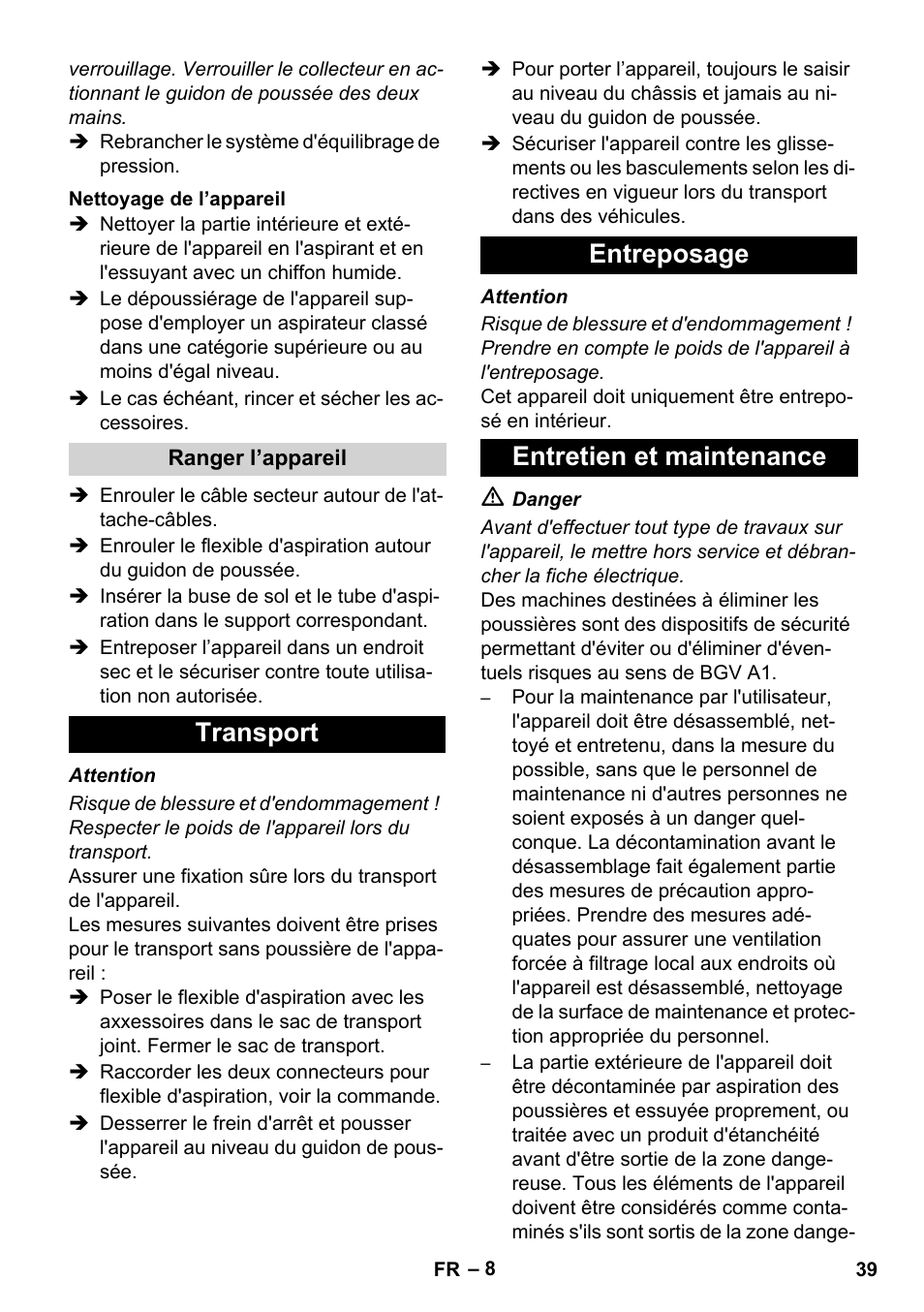 Transport entreposage entretien et maintenance | Karcher IVC 60-12-1 Ec H Z22 User Manual | Page 39 / 372
