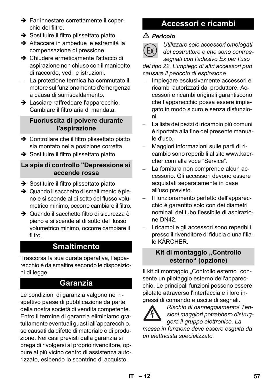 Smaltimento garanzia accessori e ricambi | Karcher IVC 60-12-1 Ec H Z22 User Manual | Page 57 / 372