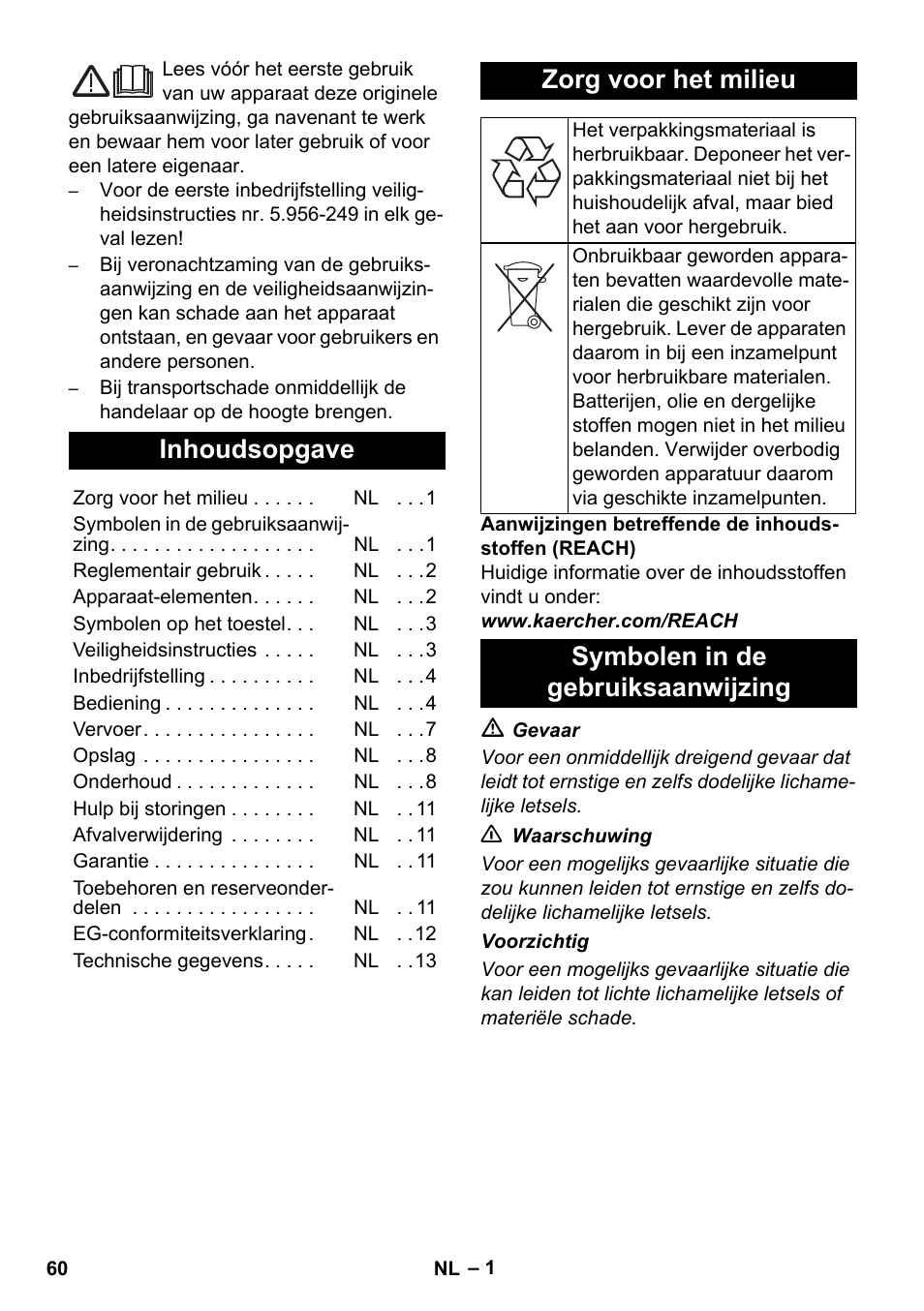 Nederlands, Inhoudsopgave, Zorg voor het milieu | Symbolen in de gebruiksaanwijzing | Karcher IVC 60-12-1 Ec H Z22 User Manual | Page 60 / 372