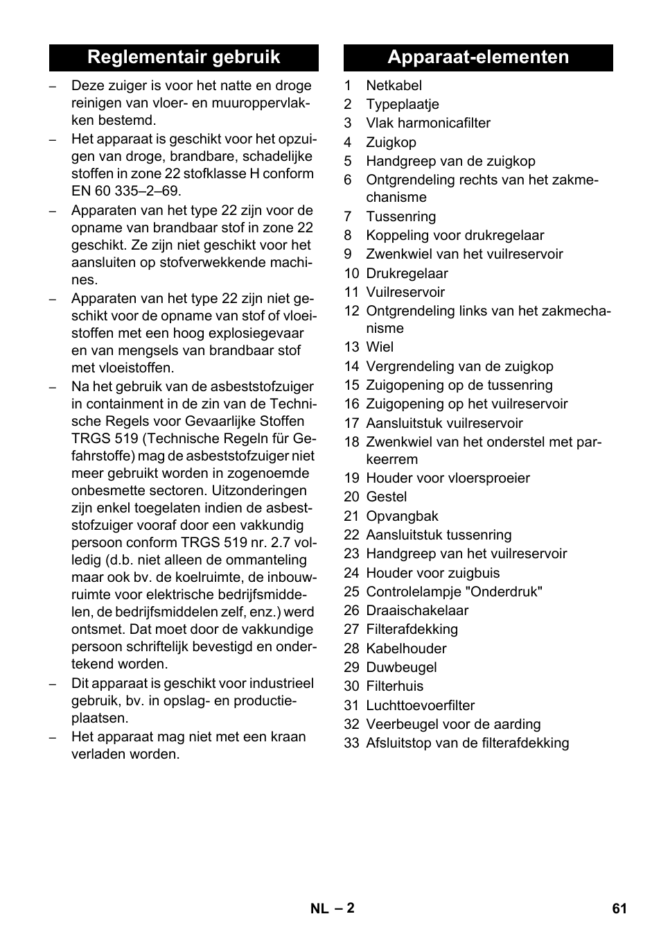 Reglementair gebruik apparaat-elementen | Karcher IVC 60-12-1 Ec H Z22 User Manual | Page 61 / 372
