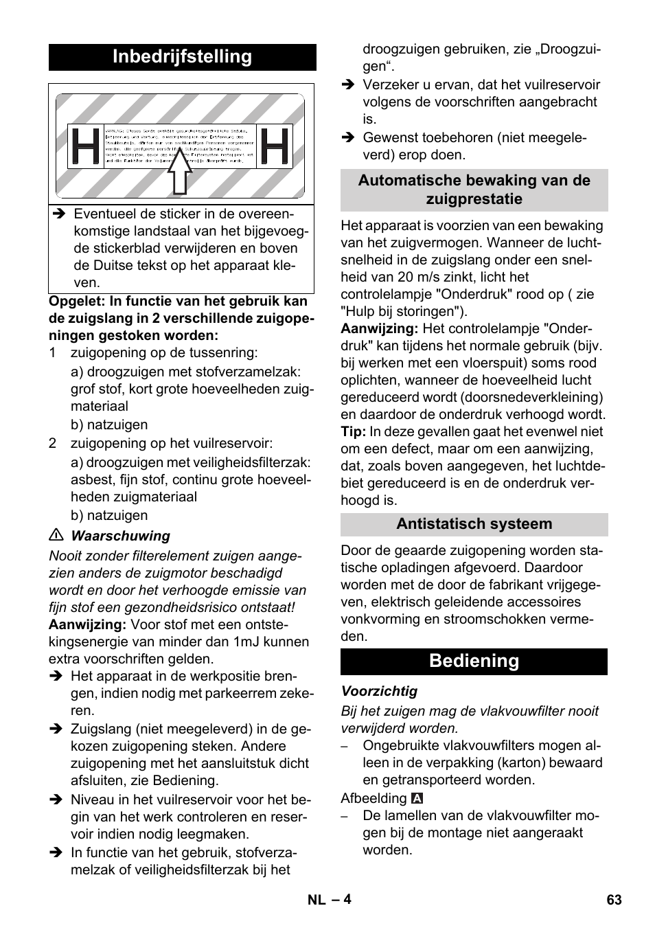 Inbedrijfstelling, Bediening | Karcher IVC 60-12-1 Ec H Z22 User Manual | Page 63 / 372