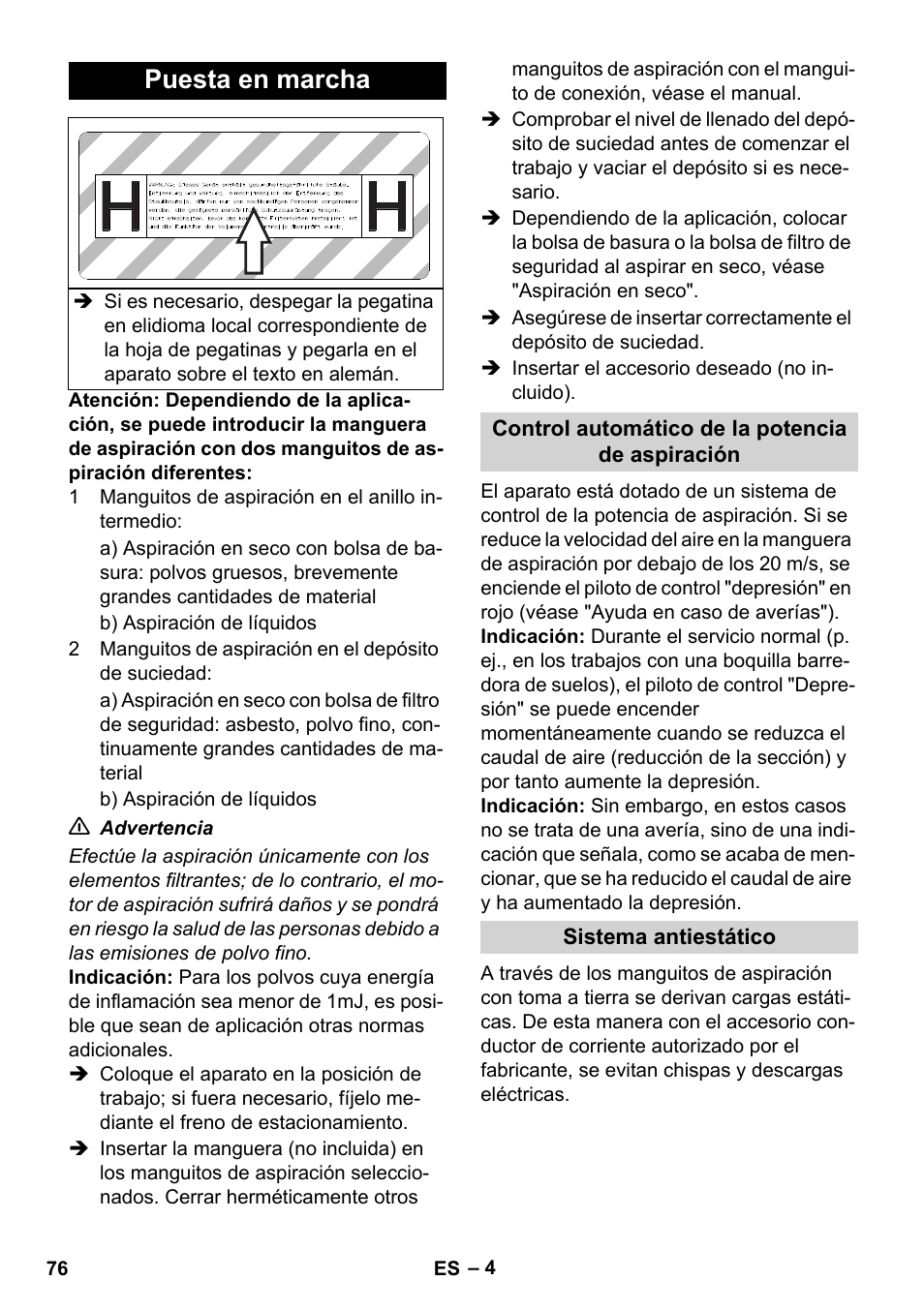 Puesta en marcha | Karcher IVC 60-12-1 Ec H Z22 User Manual | Page 76 / 372