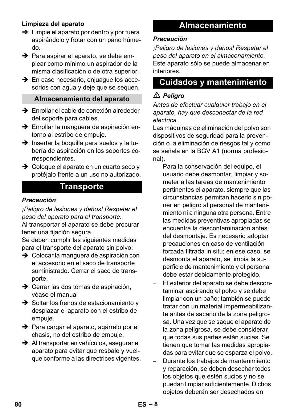 Transporte almacenamiento cuidados y mantenimiento | Karcher IVC 60-12-1 Ec H Z22 User Manual | Page 80 / 372