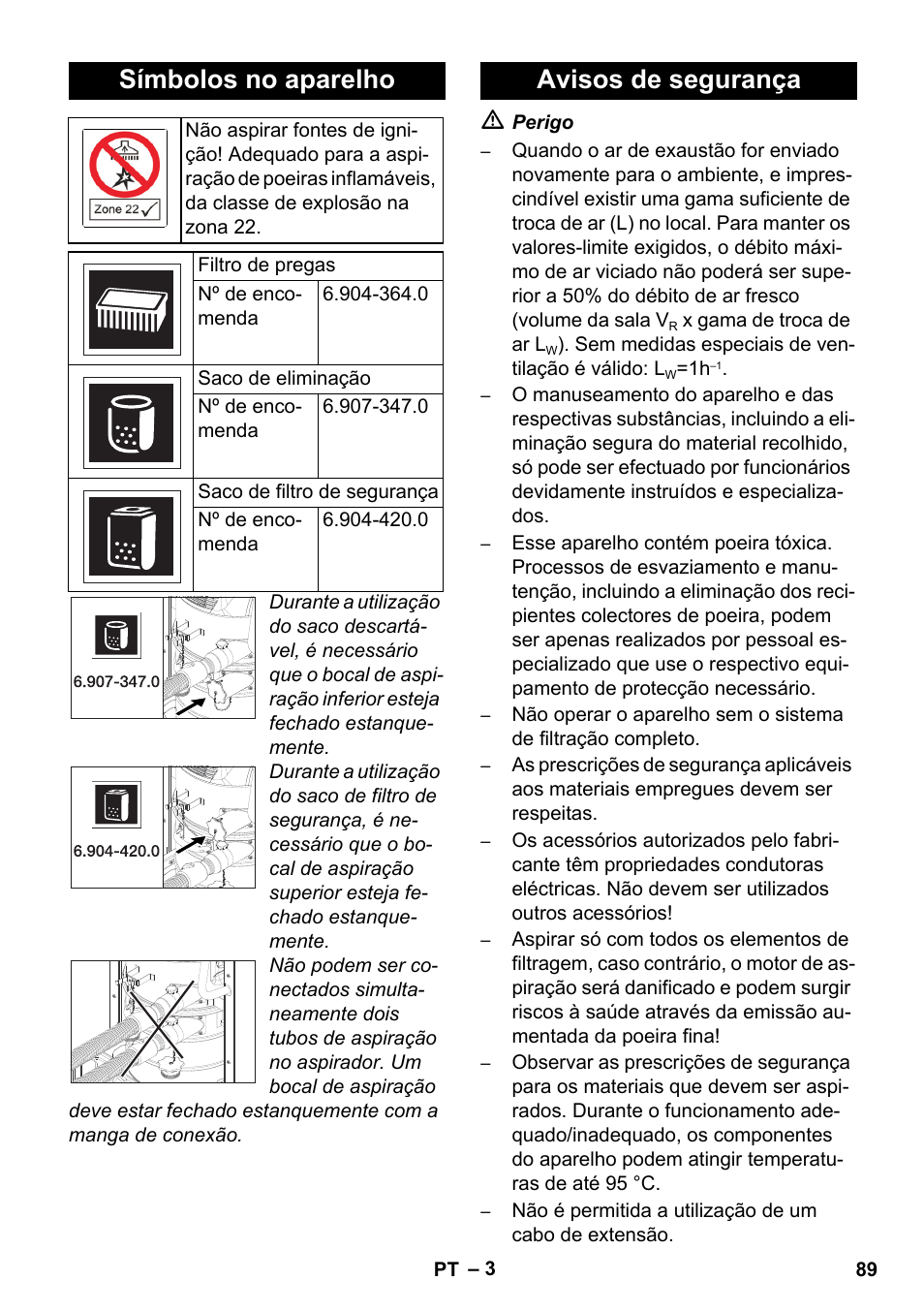 Símbolos no aparelho, Avisos de segurança | Karcher IVC 60-12-1 Ec H Z22 User Manual | Page 89 / 372
