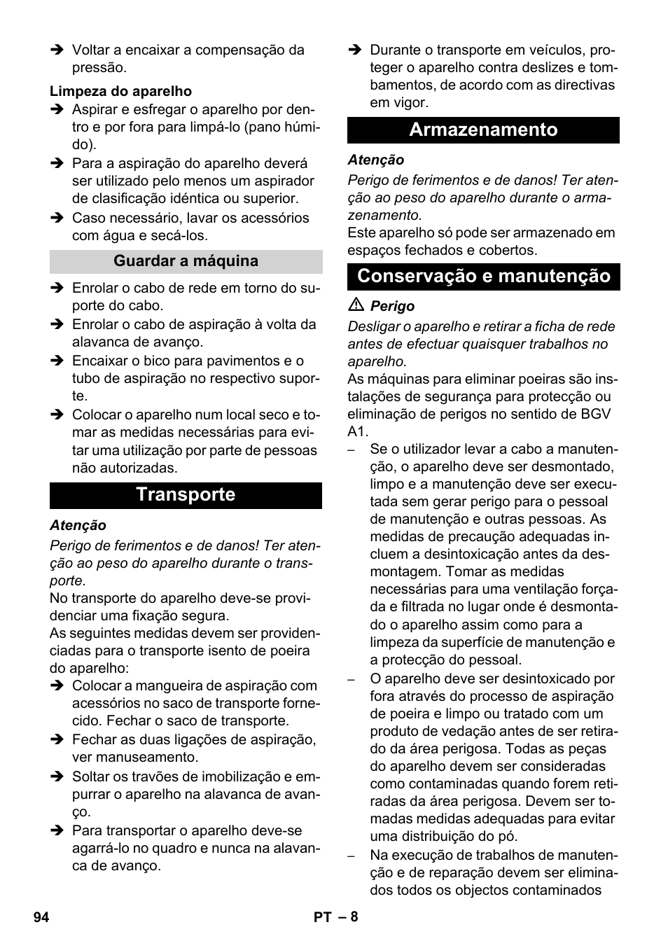 Transporte armazenamento conservação e manutenção | Karcher IVC 60-12-1 Ec H Z22 User Manual | Page 94 / 372