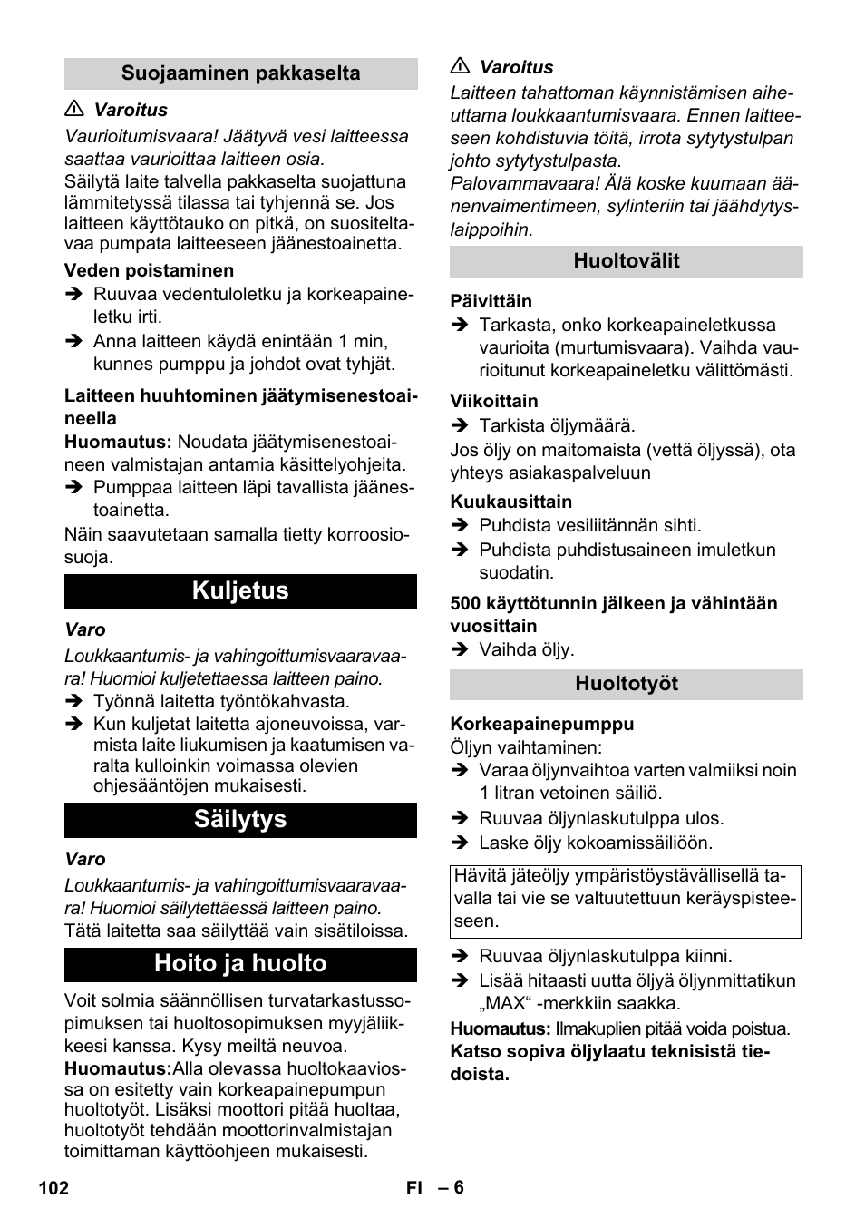 Kuljetus säilytys hoito ja huolto | Karcher HD 1050 B User Manual | Page 102 / 270