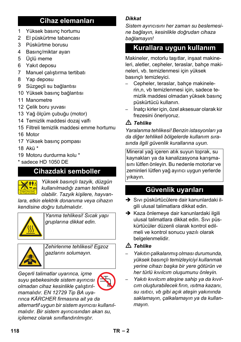 Cihaz elemanları cihazdaki semboller, Kurallara uygun kullanım, Güvenlik uyarıları | Karcher HD 1050 B User Manual | Page 118 / 270