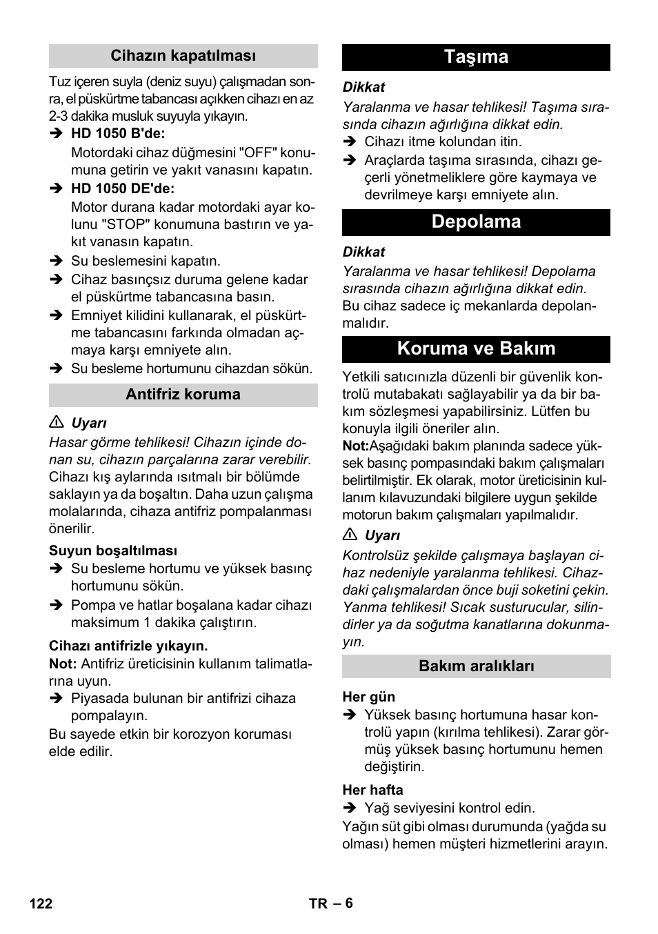 Taşıma depolama koruma ve bakım | Karcher HD 1050 B User Manual | Page 122 / 270