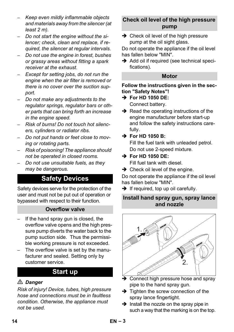 Safety devices, Start up | Karcher HD 1050 B User Manual | Page 14 / 270