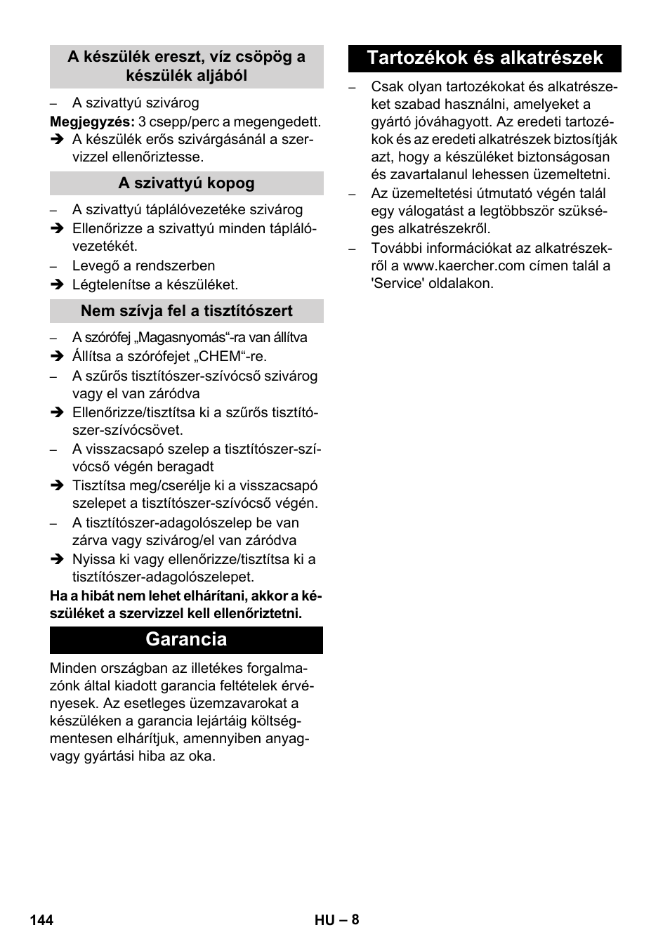 Garancia tartozékok és alkatrészek | Karcher HD 1050 B User Manual | Page 144 / 270