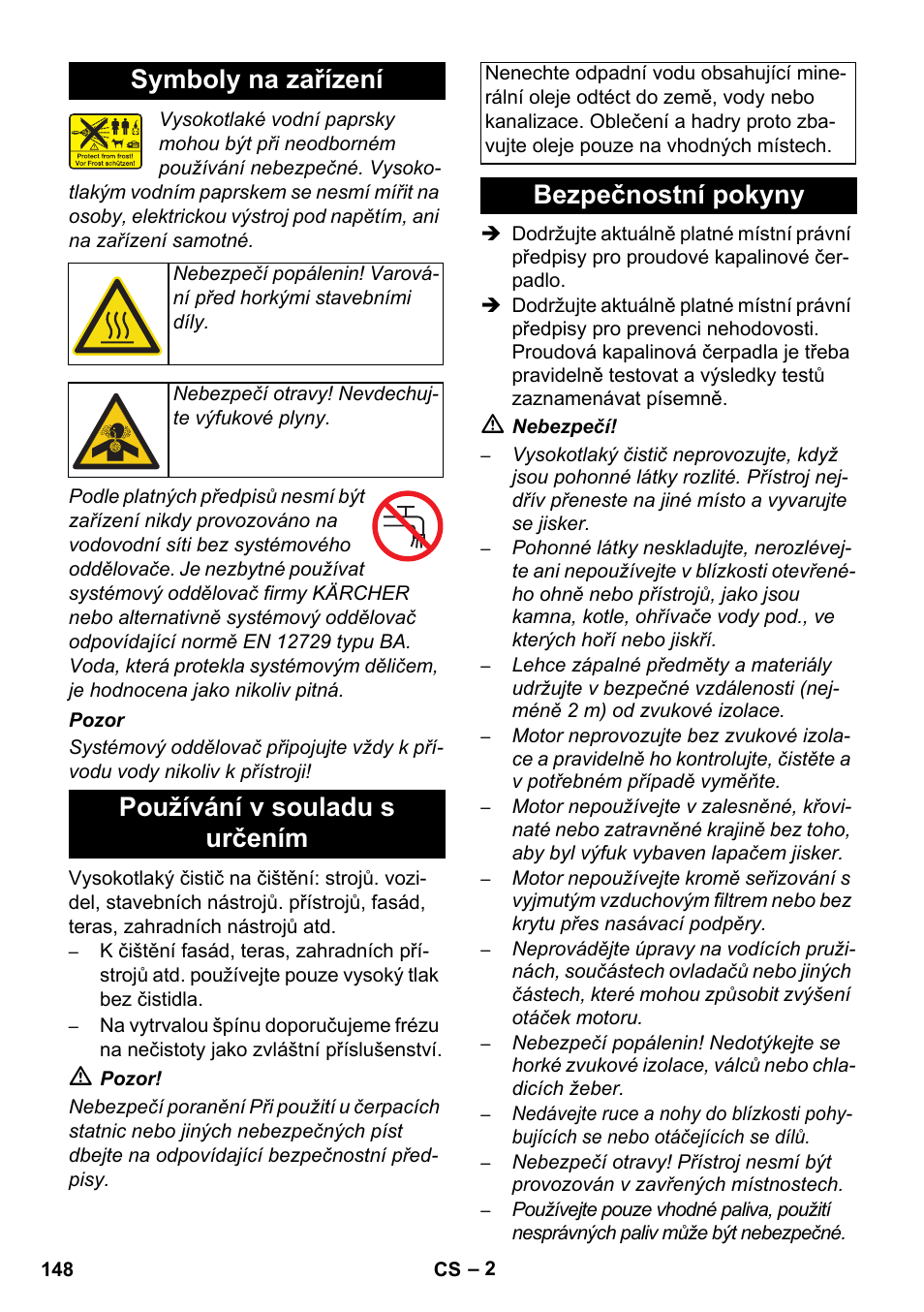 Symboly na zařízení, Používání v souladu s určením, Bezpečnostní pokyny | Karcher HD 1050 B User Manual | Page 148 / 270