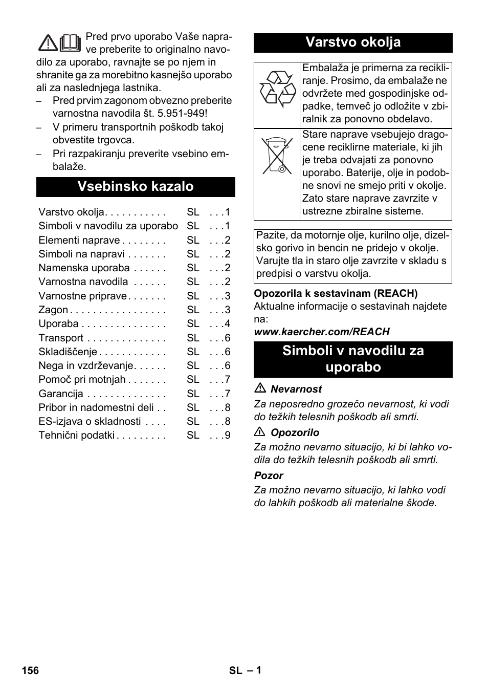 Slovenščina, Slovenšina, Vsebinsko kazalo | Varstvo okolja, Simboli v navodilu za uporabo | Karcher HD 1050 B User Manual | Page 156 / 270