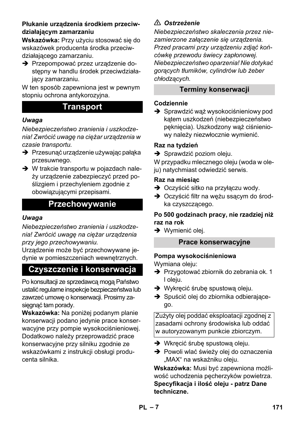 Transport przechowywanie czyszczenie i konserwacja | Karcher HD 1050 B User Manual | Page 171 / 270