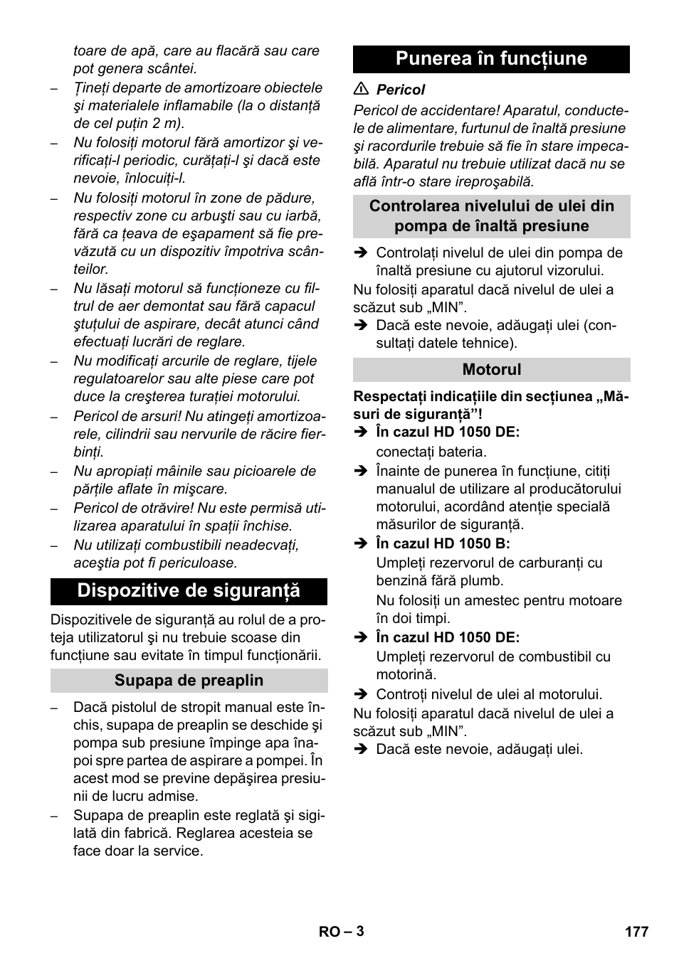Dispozitive de siguranţă, Punerea în funcţiune | Karcher HD 1050 B User Manual | Page 177 / 270