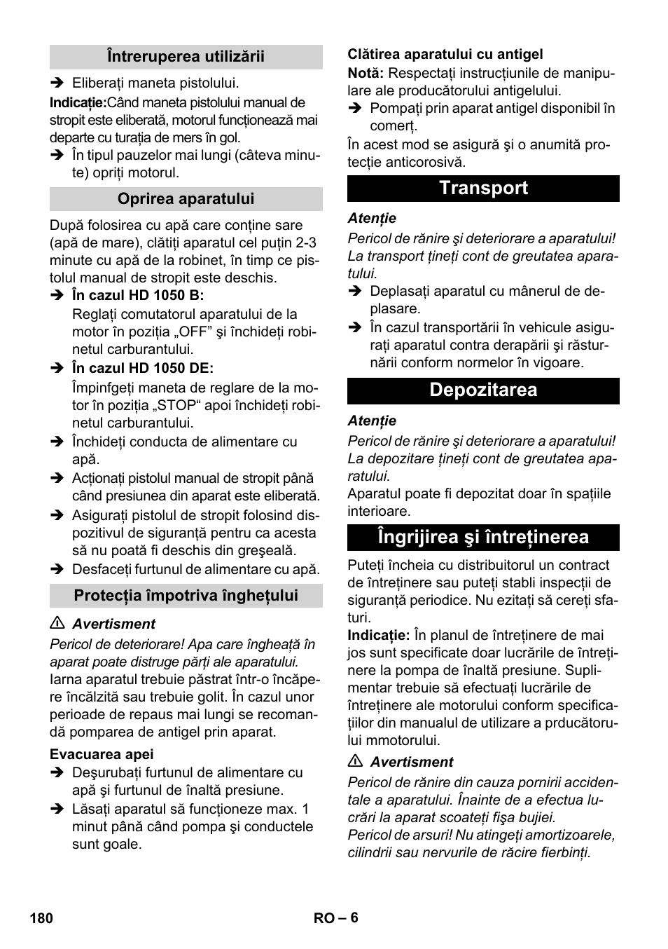 Transport depozitarea îngrijirea şi întreţinerea | Karcher HD 1050 B User Manual | Page 180 / 270