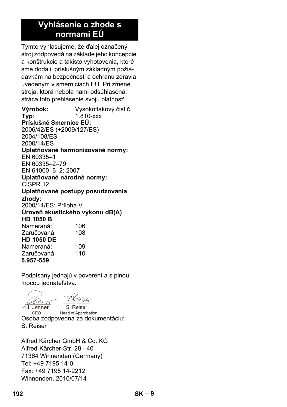 Vyhlásenie o zhode s normami eú | Karcher HD 1050 B User Manual | Page 192 / 270