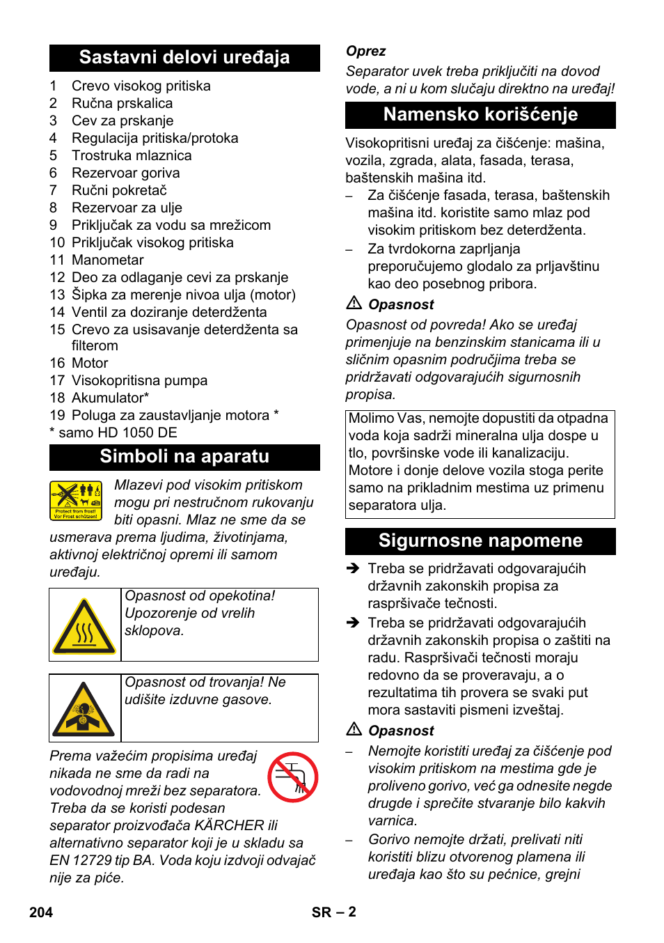 Sastavni delovi uređaja simboli na aparatu, Namensko korišćenje, Sigurnosne napomene | Karcher HD 1050 B User Manual | Page 204 / 270