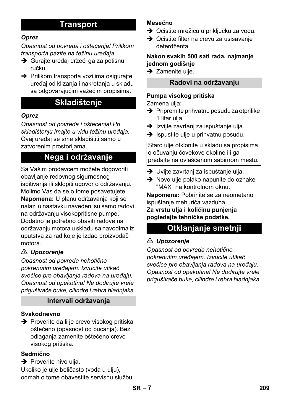 Transport skladištenje nega i održavanje, Otklanjanje smetnji | Karcher HD 1050 B User Manual | Page 209 / 270