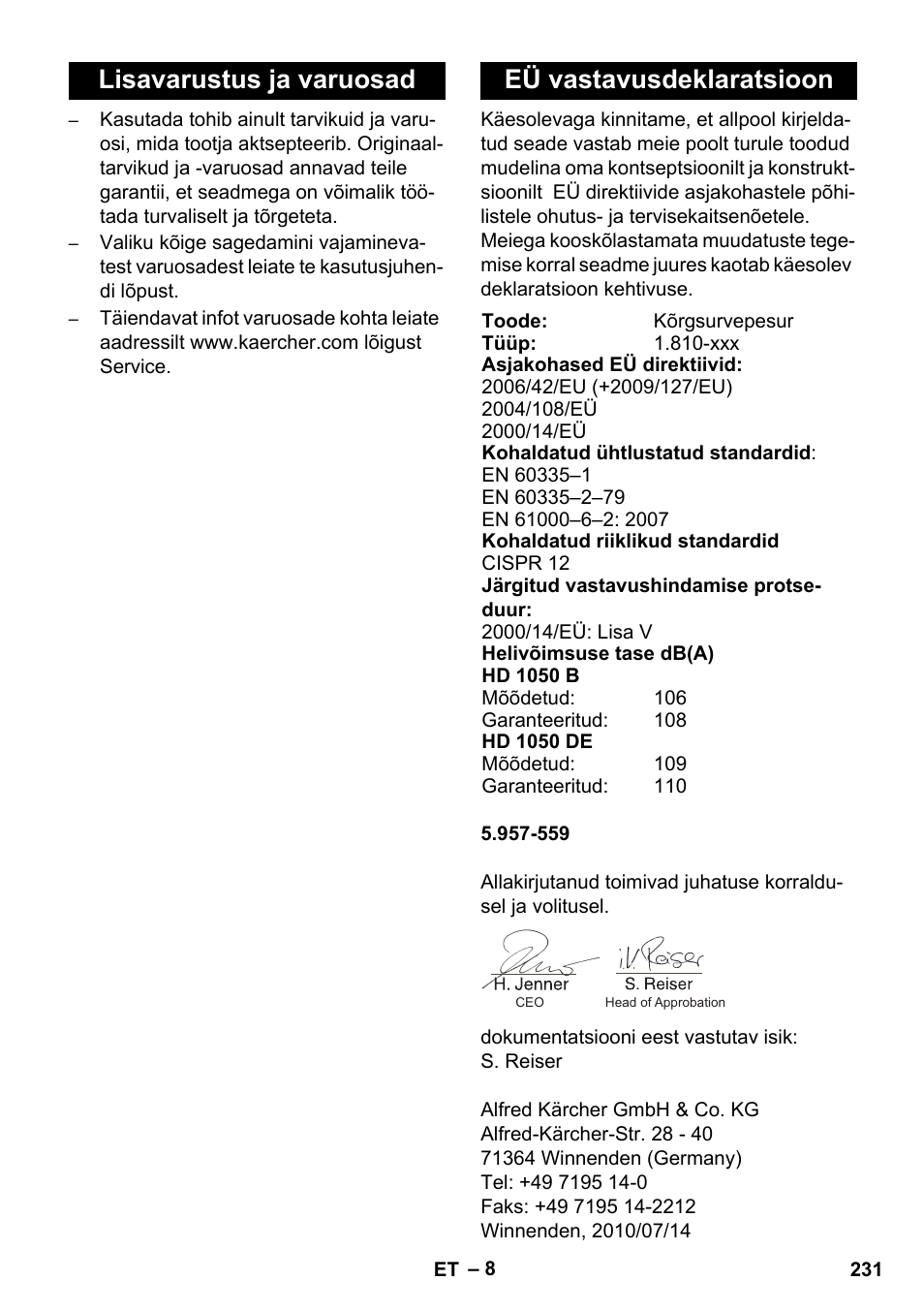 Lisavarustus ja varuosad eü vastavusdeklaratsioon | Karcher HD 1050 B User Manual | Page 231 / 270