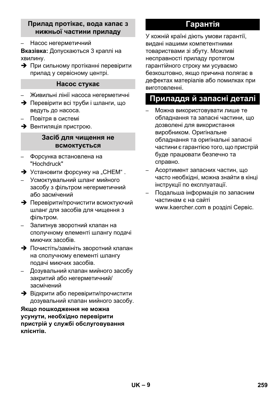 Гарантія приладдя й запасні деталі | Karcher HD 1050 B User Manual | Page 259 / 270