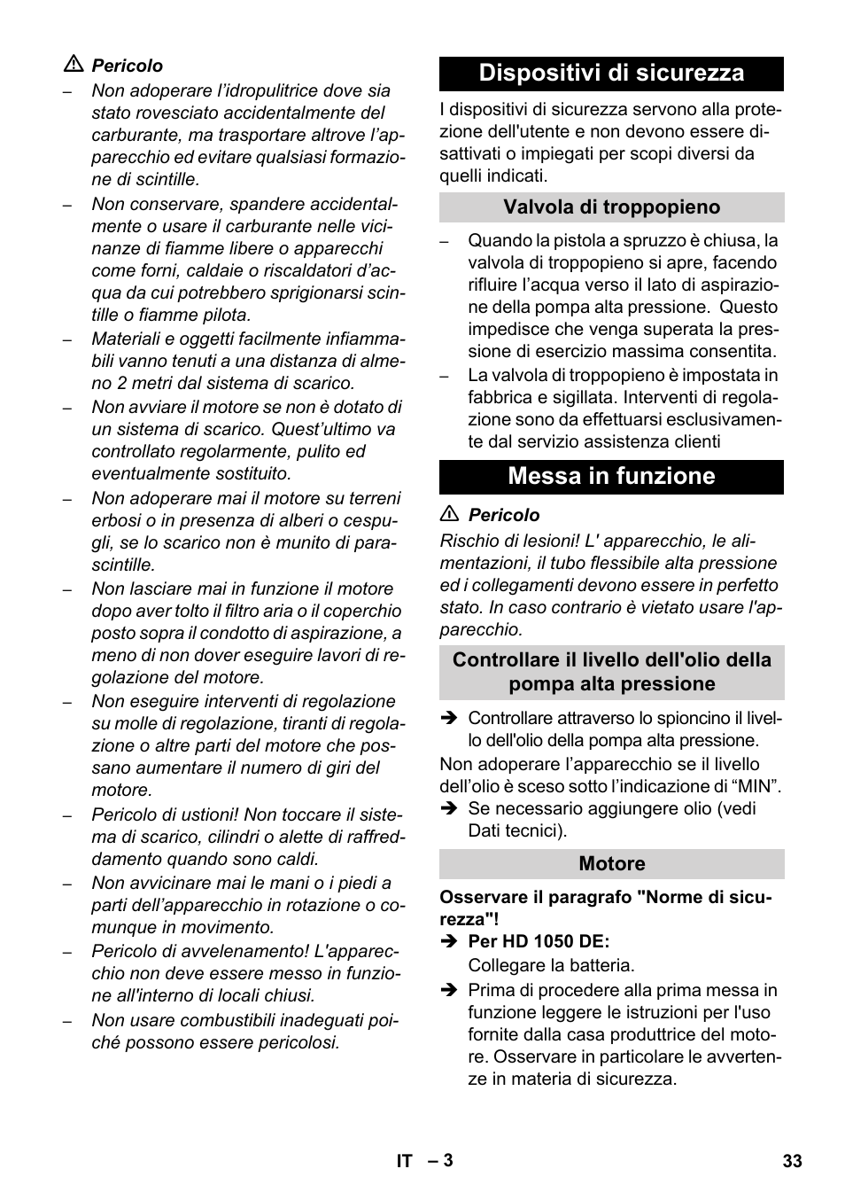 Dispositivi di sicurezza, Messa in funzione | Karcher HD 1050 B User Manual | Page 33 / 270