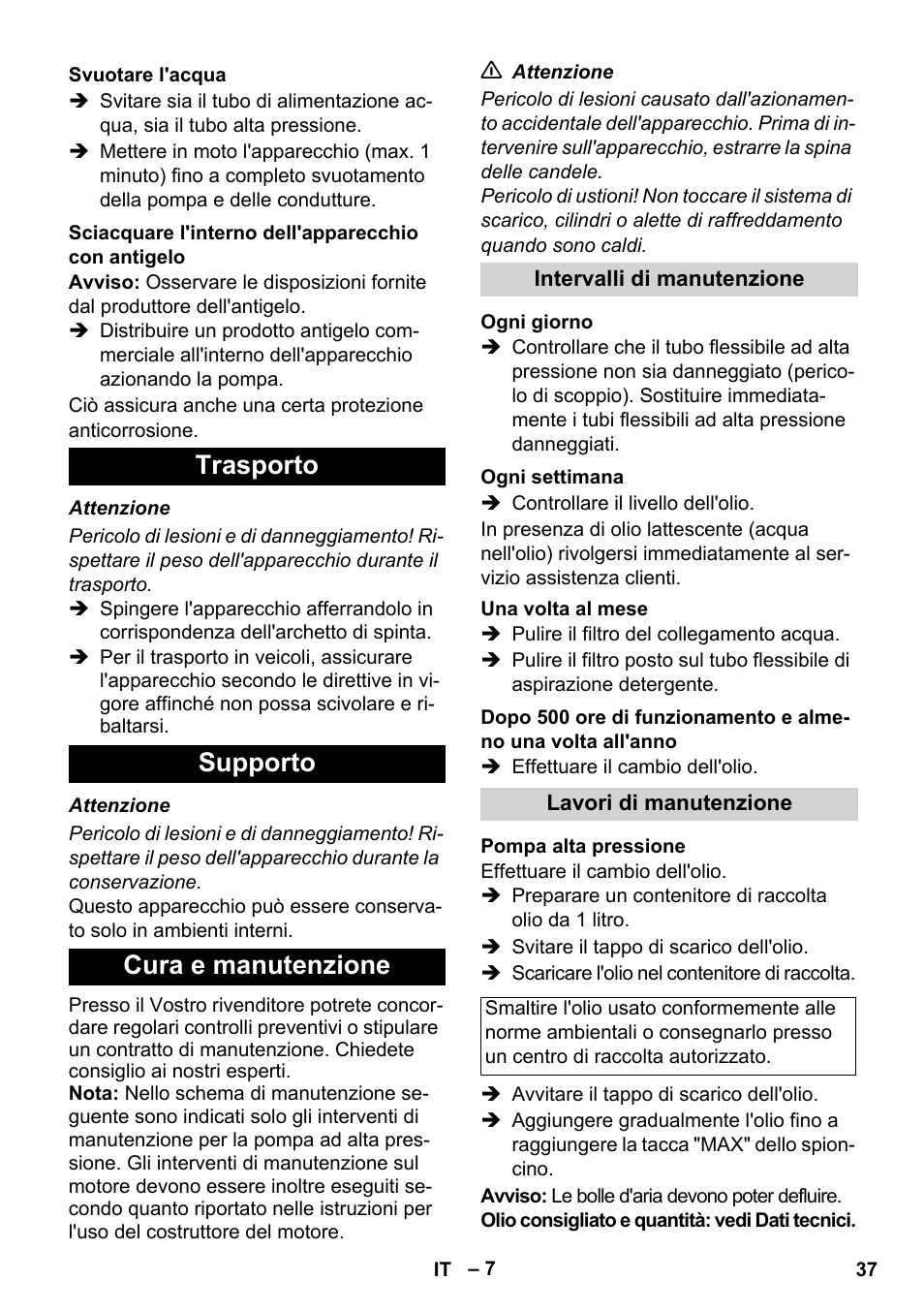 Trasporto supporto cura e manutenzione | Karcher HD 1050 B User Manual | Page 37 / 270