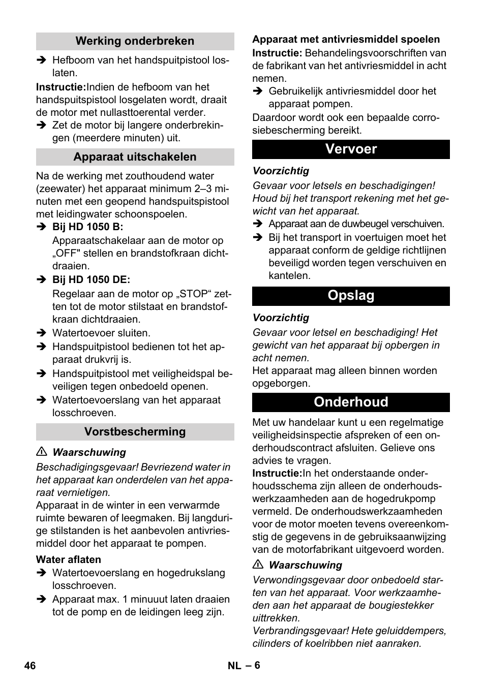 Vervoer opslag onderhoud | Karcher HD 1050 B User Manual | Page 46 / 270