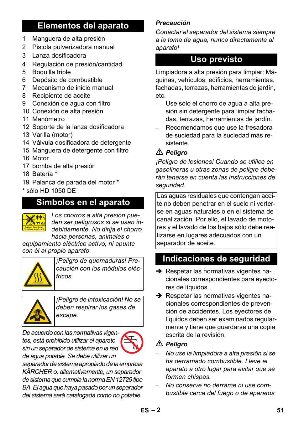 Elementos del aparato símbolos en el aparato, Uso previsto, Indicaciones de seguridad | Karcher HD 1050 B User Manual | Page 51 / 270