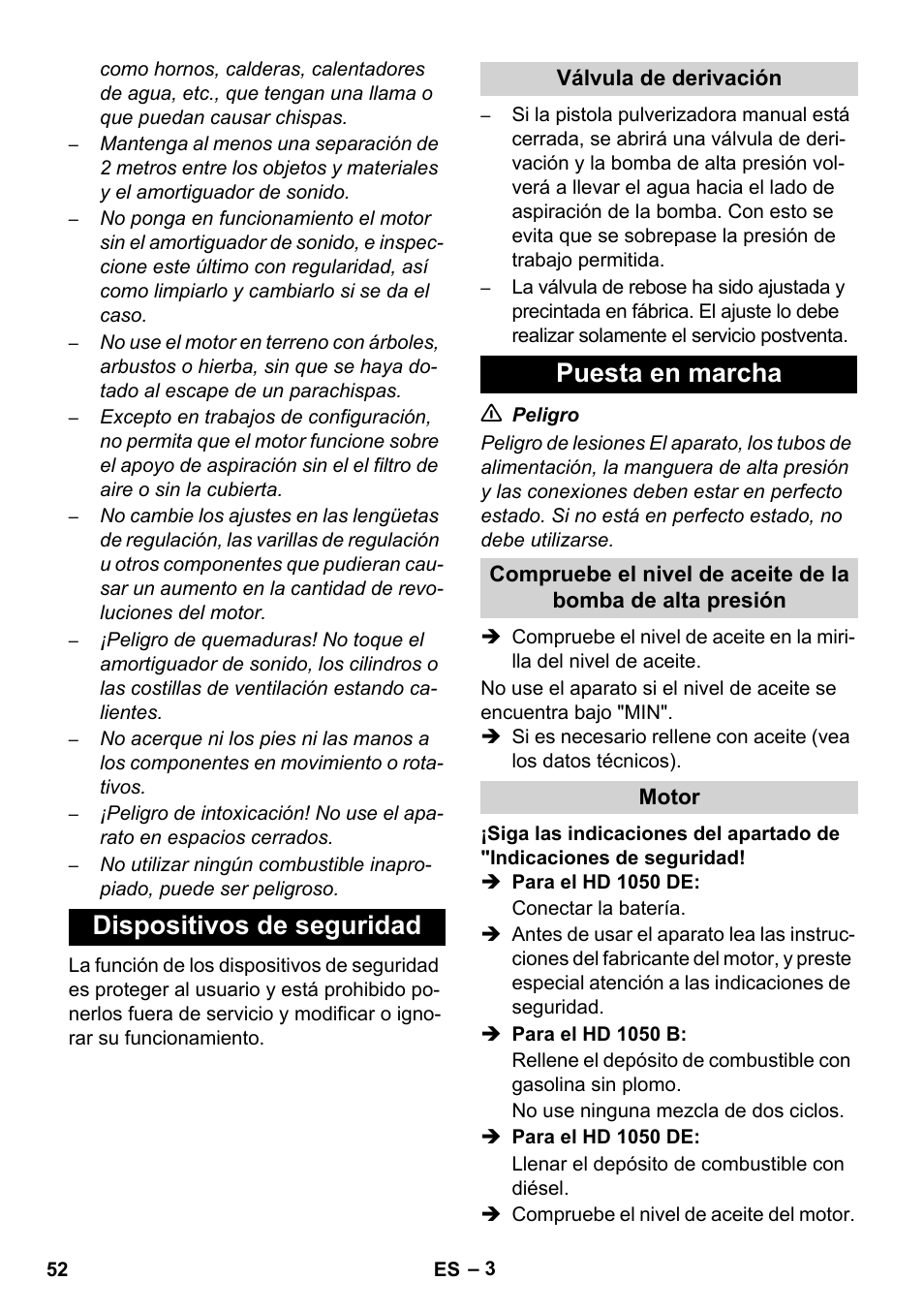 Dispositivos de seguridad, Puesta en marcha | Karcher HD 1050 B User Manual | Page 52 / 270