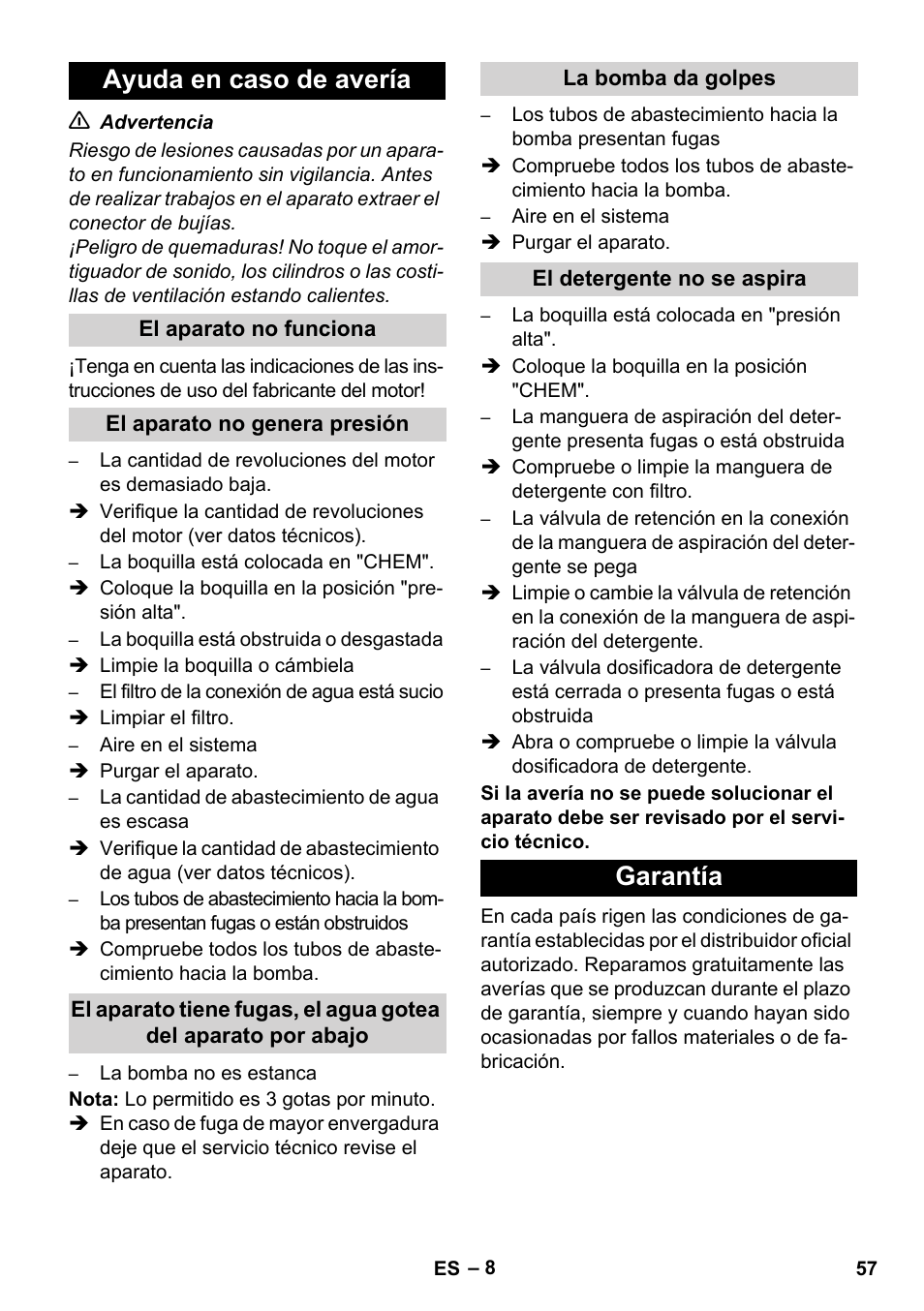 Ayuda en caso de avería, Garantía | Karcher HD 1050 B User Manual | Page 57 / 270