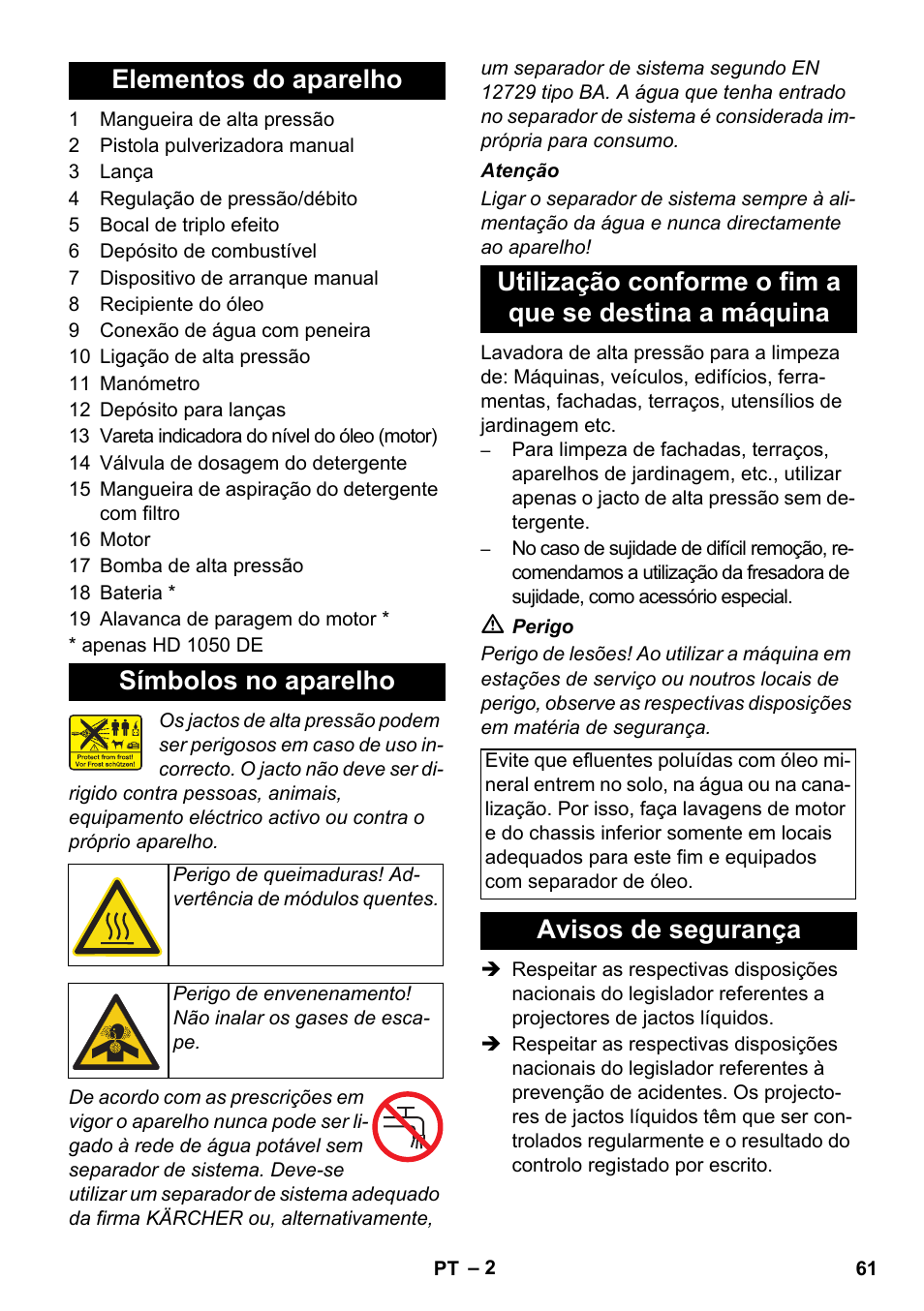 Elementos do aparelho símbolos no aparelho, Avisos de segurança | Karcher HD 1050 B User Manual | Page 61 / 270