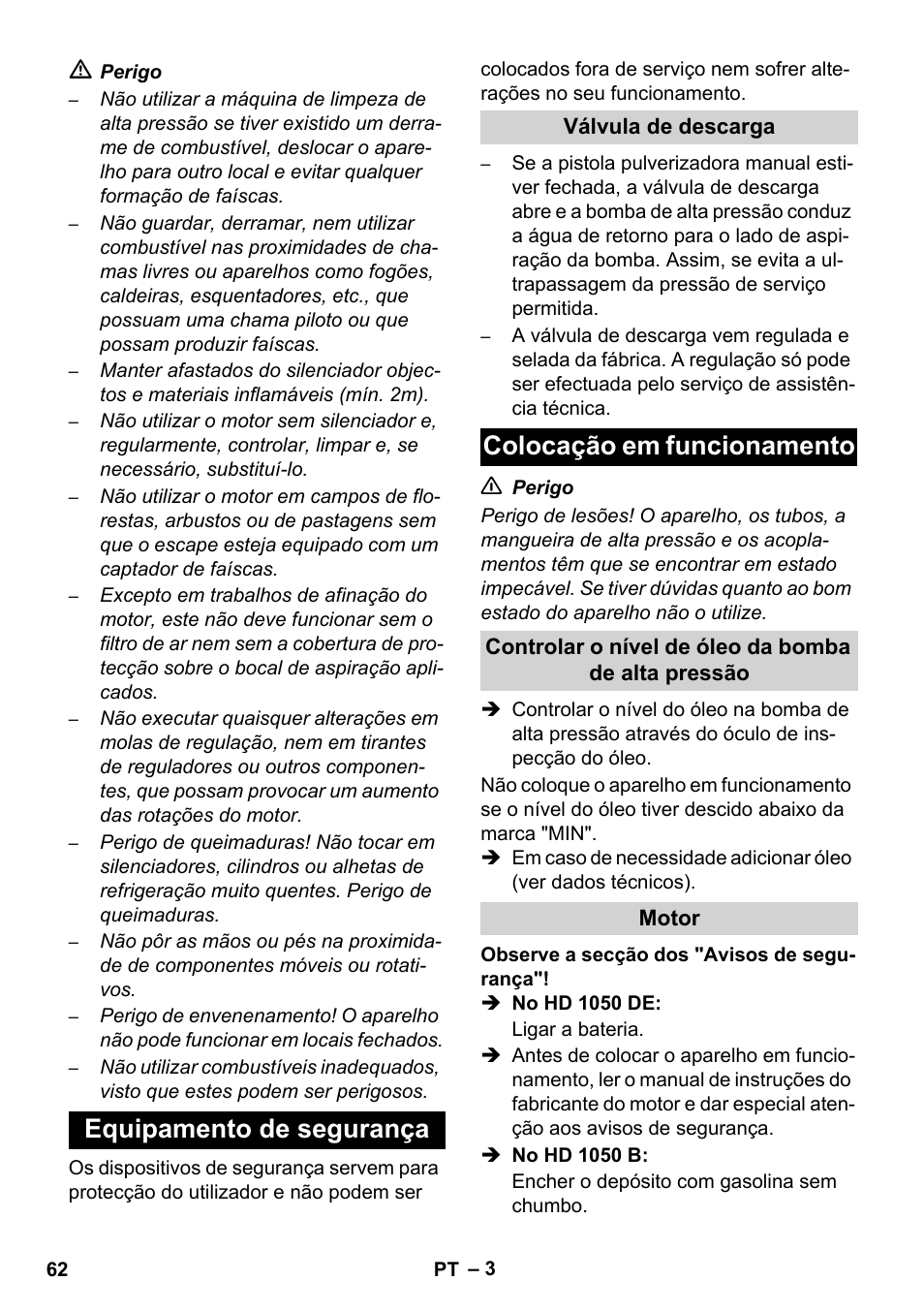 Equipamento de segurança, Colocação em funcionamento | Karcher HD 1050 B User Manual | Page 62 / 270