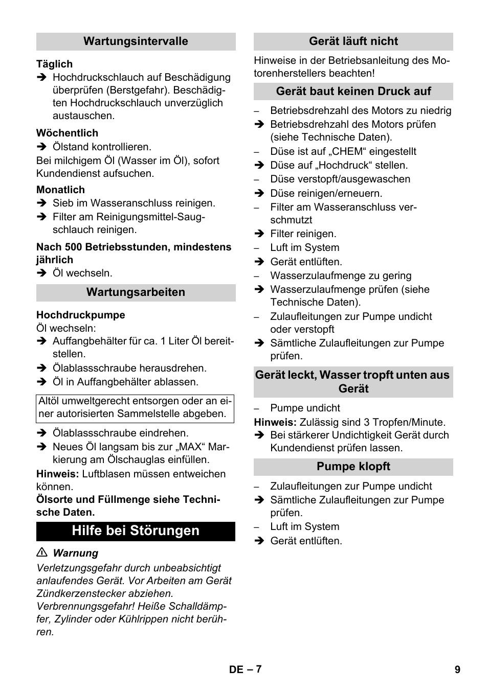 Hilfe bei störungen | Karcher HD 1050 B User Manual | Page 9 / 270