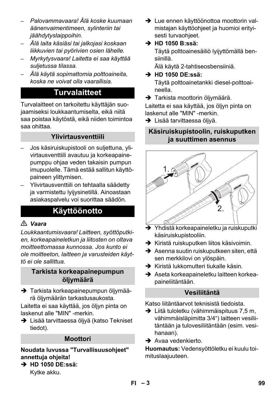 Turvalaitteet, Käyttöönotto | Karcher HD 1050 B User Manual | Page 99 / 270