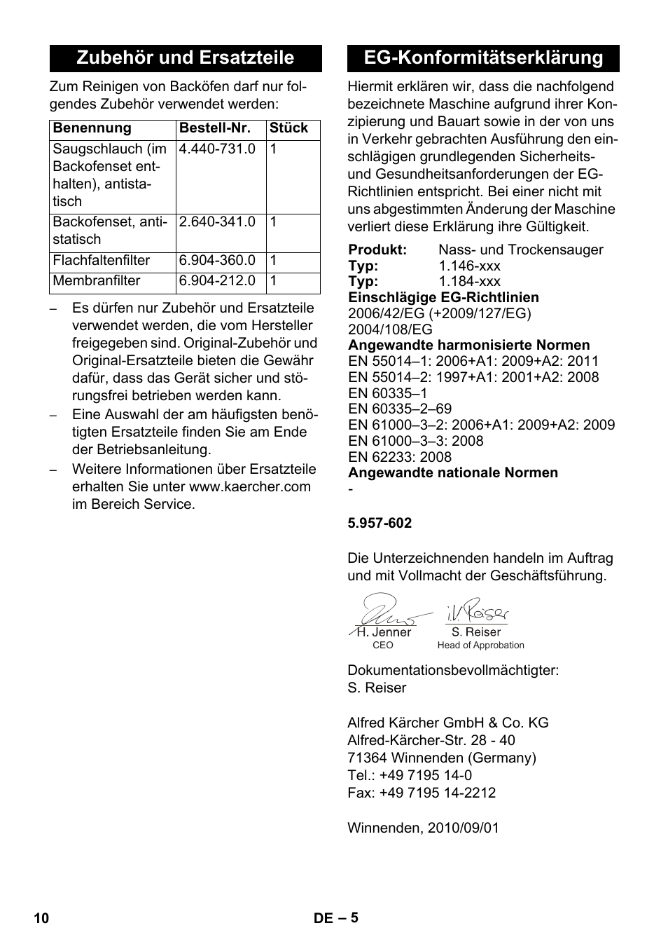 Zubehör und ersatzteile, Eg-konformitätserklärung | Karcher NT 55-1 Tact Bs User Manual | Page 10 / 180